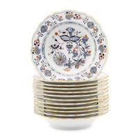 A Set of Twelve Meissen Parcel Gilt Blue Onion Porcelain Soup Plates