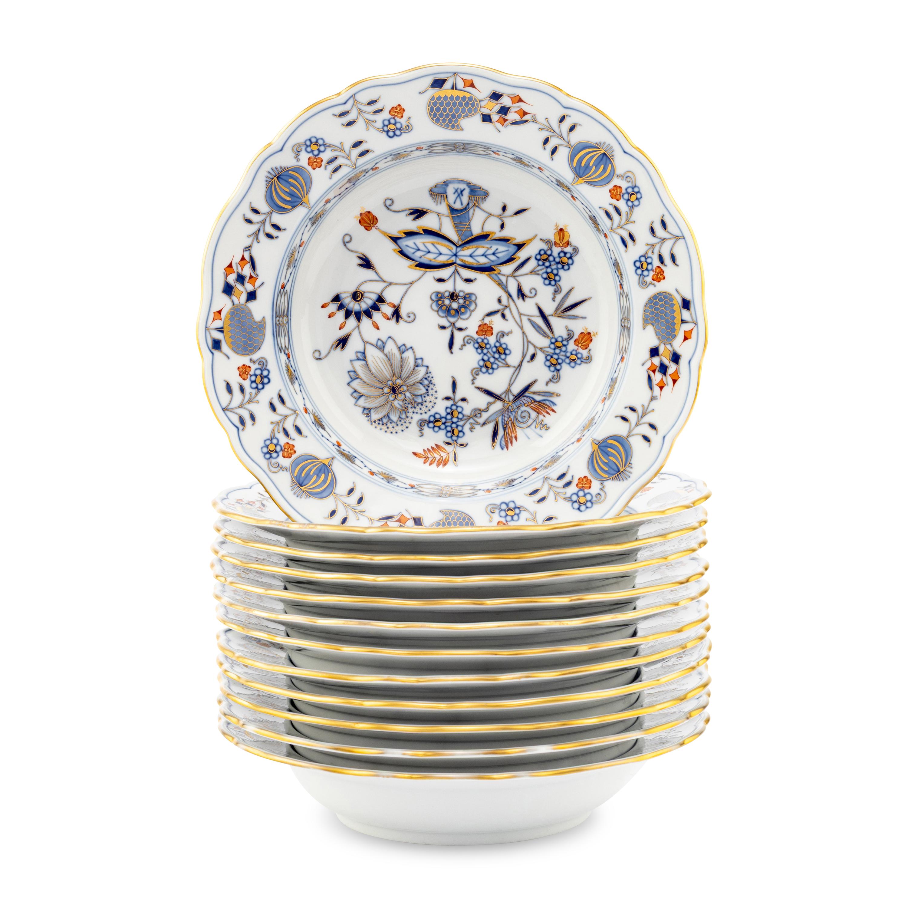 A Set of Twelve Meissen Parcel Gilt Blue Onion Porcelain Soup Plates