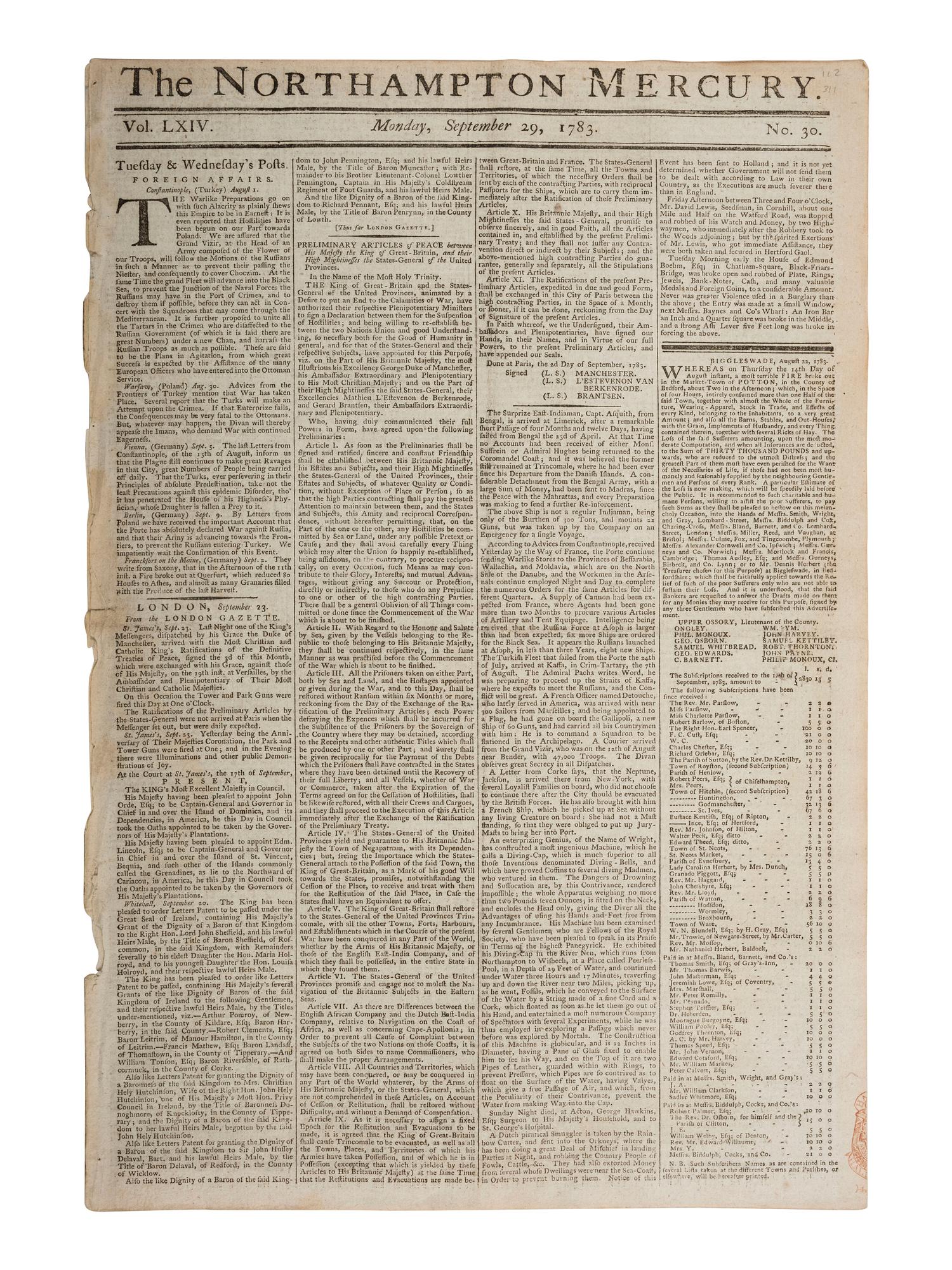 [REVOLUTIONARY WAR]. Northampton Mercury . Vol LXIV, Nos. 30-33. London, 29 Sept. - 20 Oct. 1783.