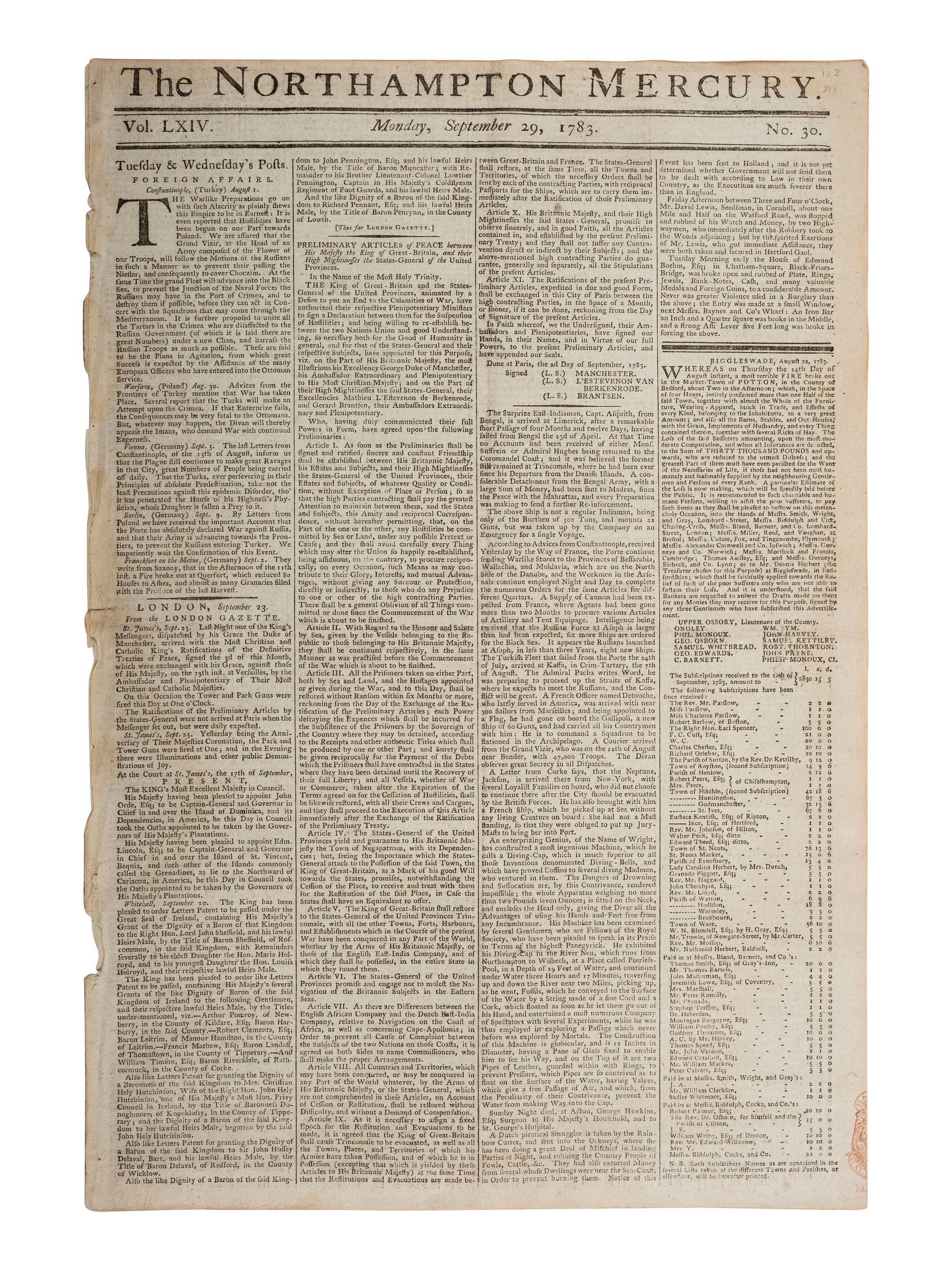 [REVOLUTIONARY WAR]. Northampton Mercury . Vol LXIV, Nos. 30-33. London, 29 Sept. - 20 Oct. 1783.