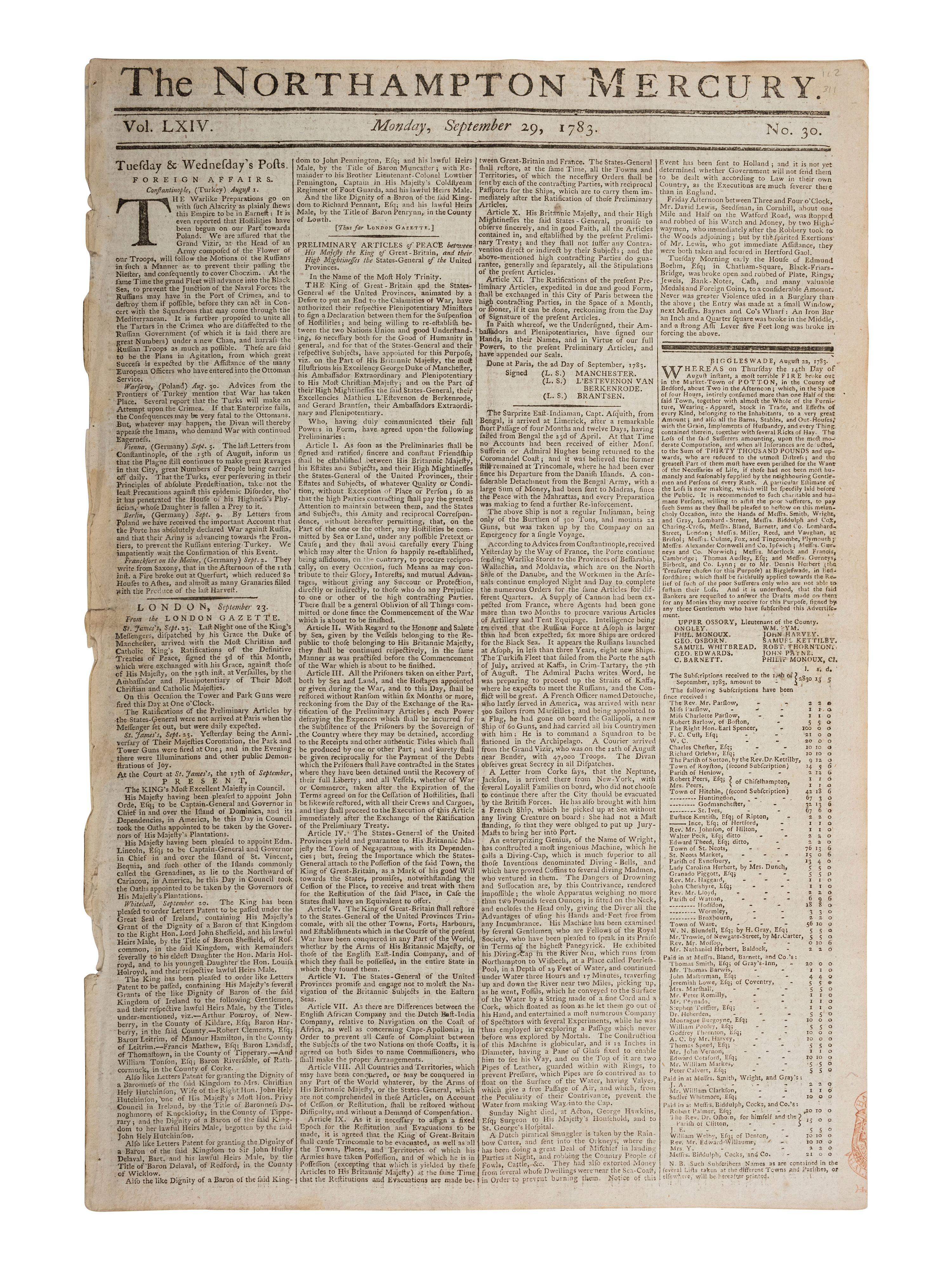 [REVOLUTIONARY WAR]. Northampton Mercury . Vol LXIV, Nos. 30-33. London, 29 Sept. - 20 Oct. 1783.