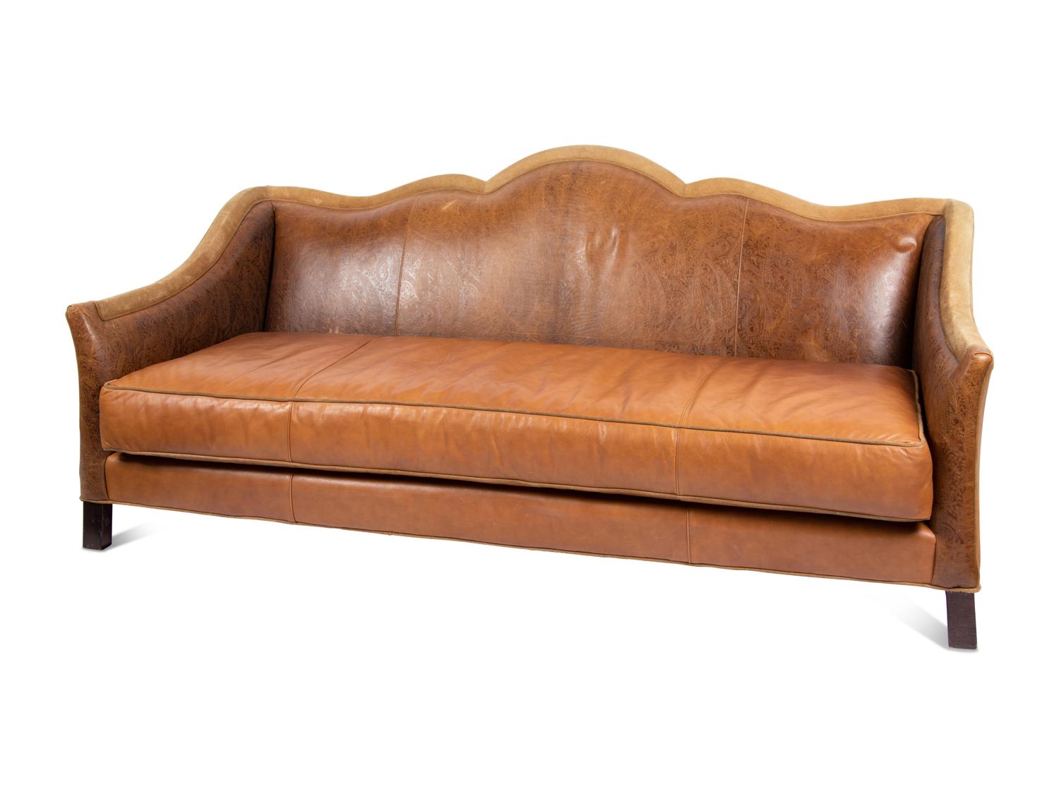 A Custom Leather Upholstered Camelback Sofa