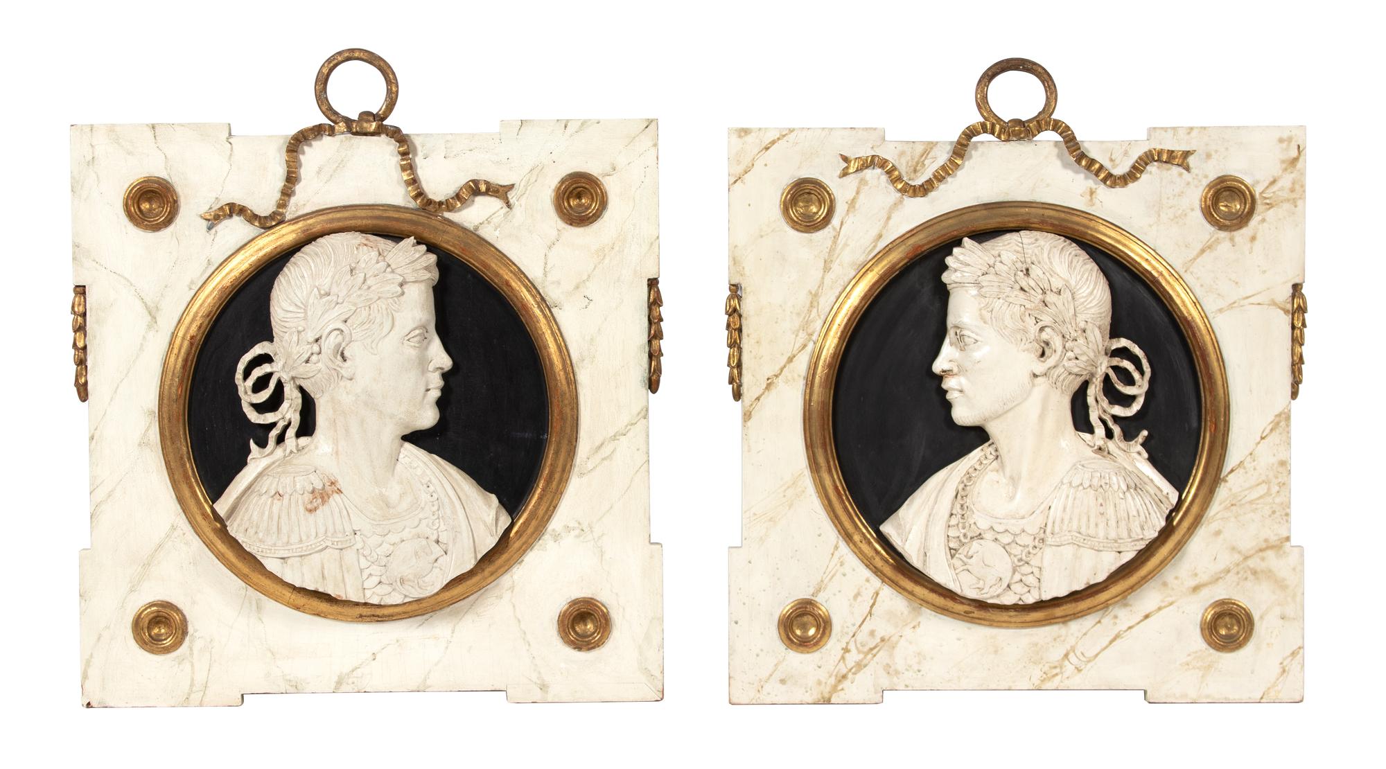 A Pair of Italian Carved and Painted Wood Cameo Plaques Height 25 x width 25 inches. — EARLY 20TH CENTURY