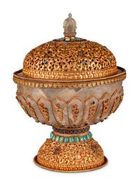 A Large Tibetan Style Jeweled Filigree-Mounted Rock Crystal Bowl and Cover