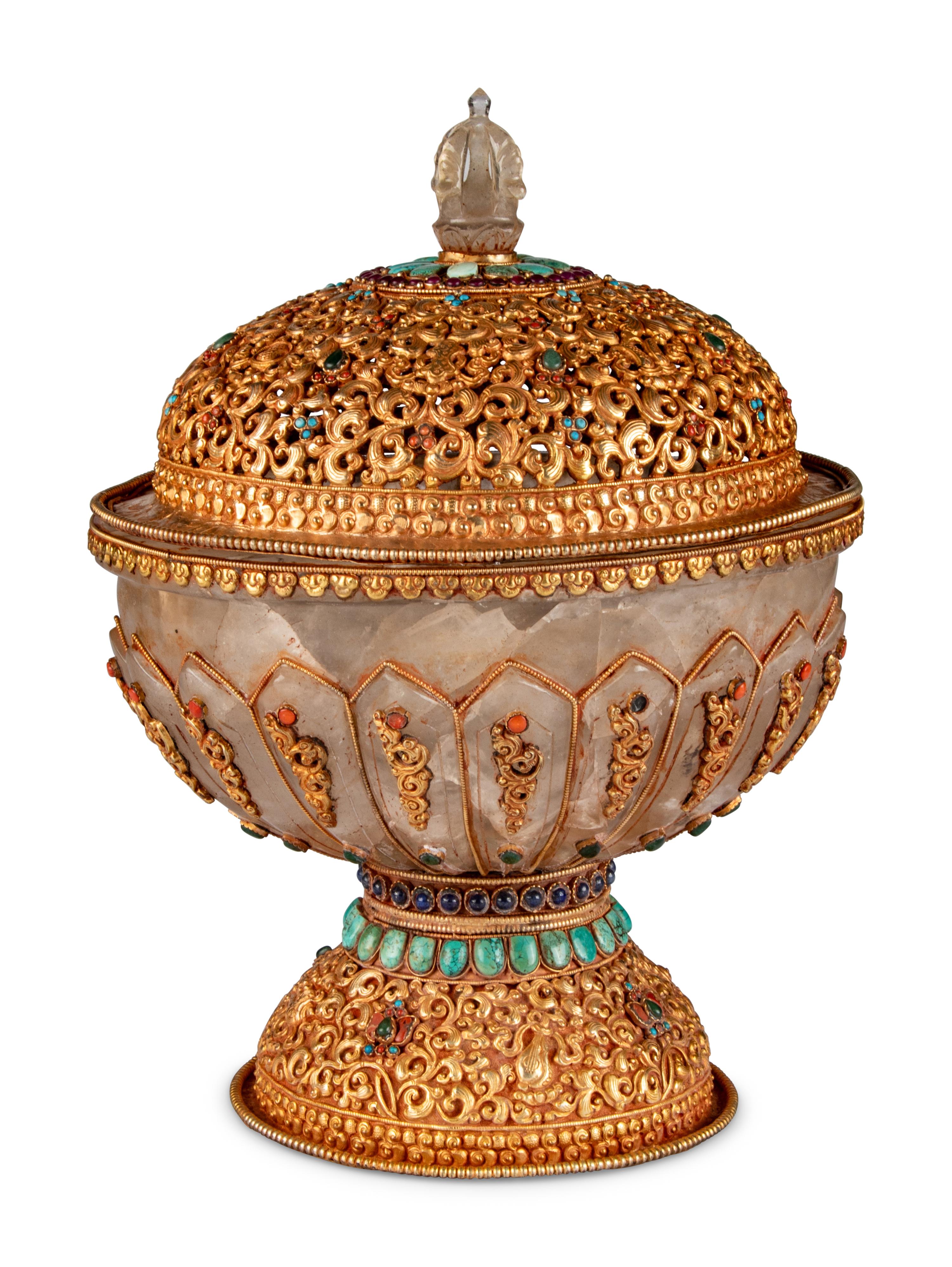 A Large Tibetan Style Jeweled Filigree-Mounted Rock Crystal Bowl and Cover