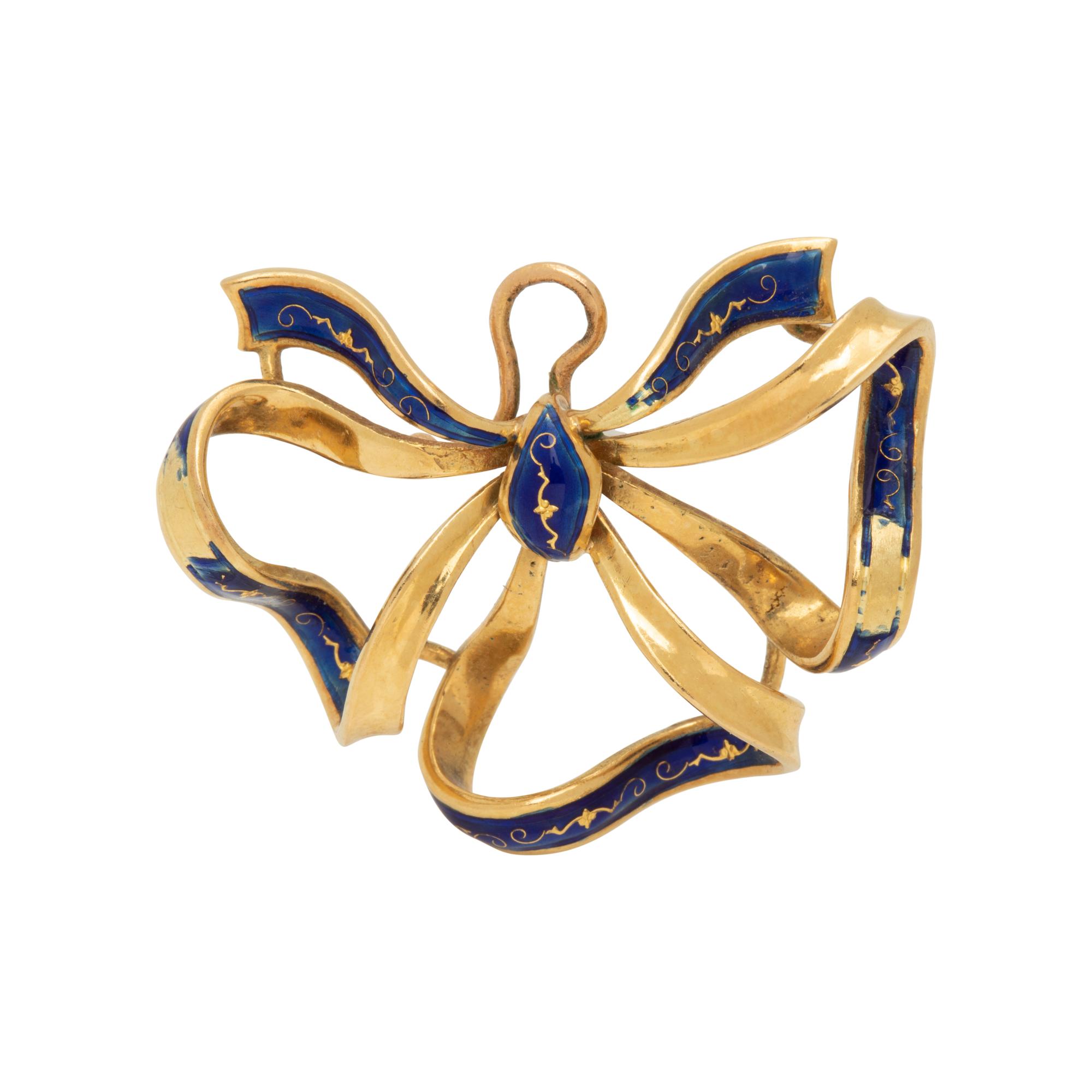 YELLOW GOLD AND ENAMEL BOW BROOCH