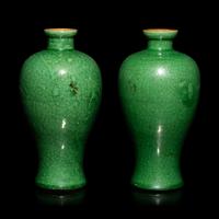 A Pair of Small Chinese Crackled Ground Green Glazed Meiping Vases, Late Qing Dynasty — 清晚期 綠釉開片小梅瓶一對