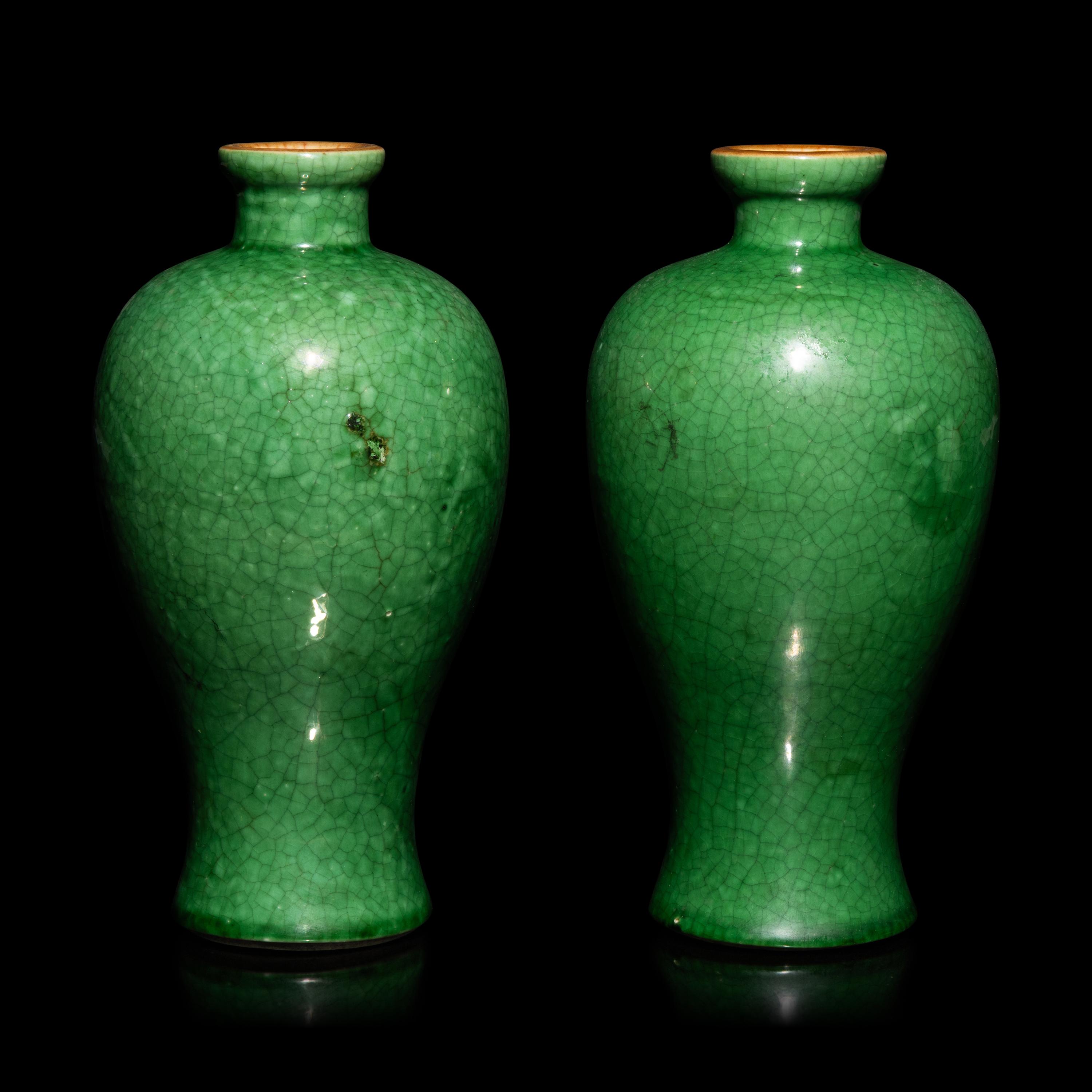 A Pair of Small Chinese Crackled Ground Green Glazed Meiping Vases, Late Qing Dynasty — 清晚期 綠釉開片小梅瓶一對