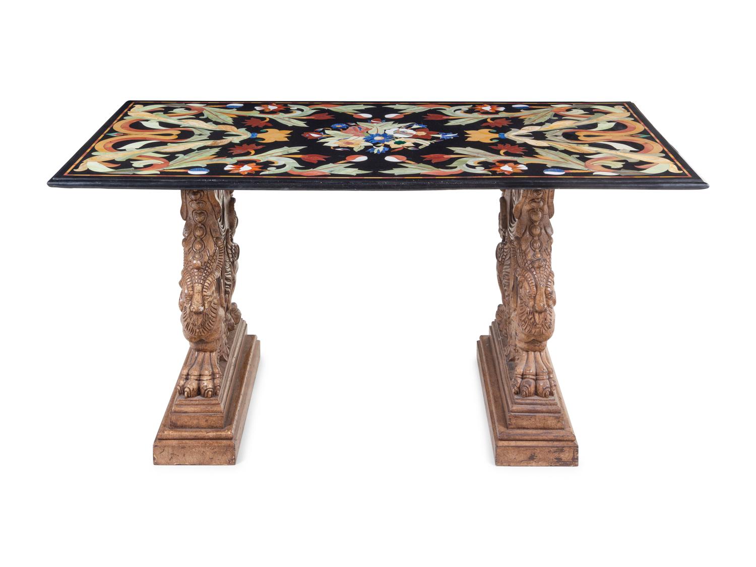 An Indian Pietra Dura Tabletop on an Associated Pair of Renaissance Revival Trestles