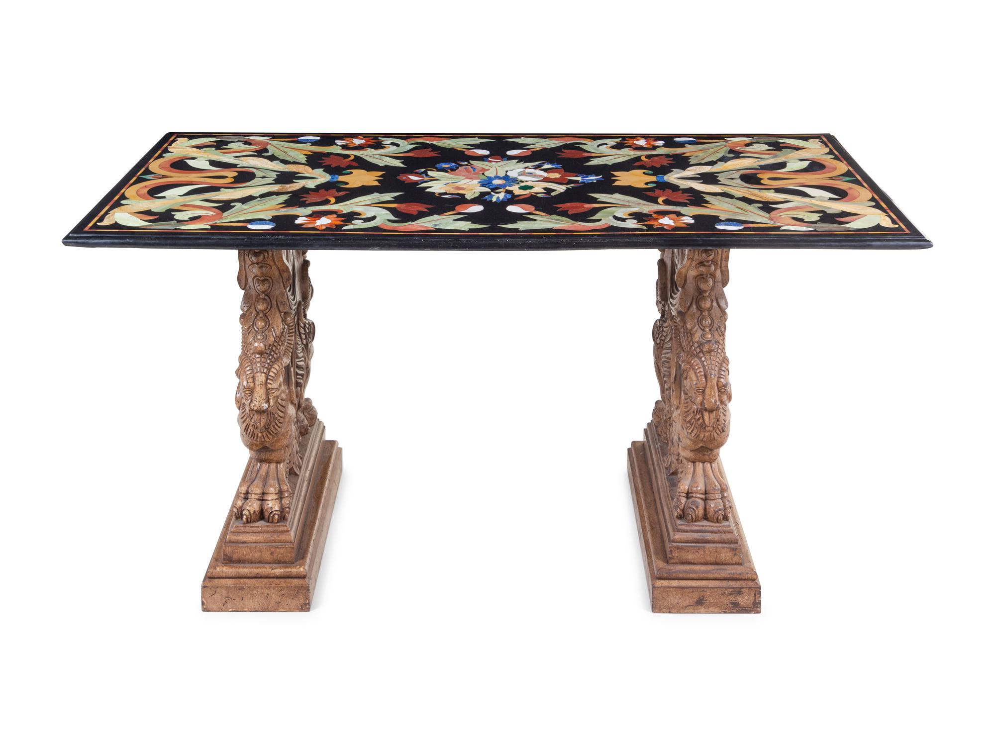 An Indian Pietra Dura Tabletop on an Associated Pair of Renaissance Revival Trestles