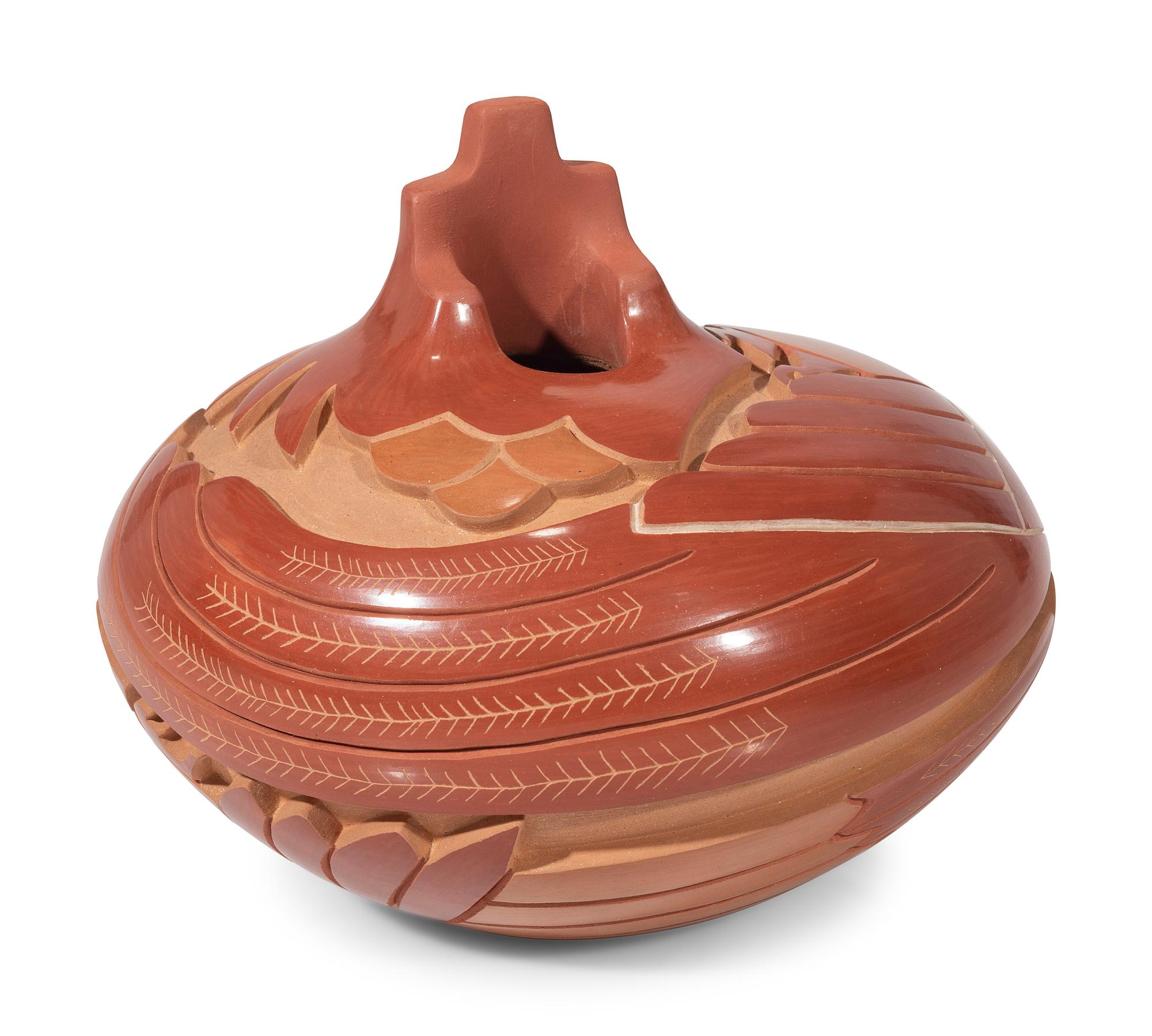 Red and Tan Carved Pottery Vase, with Parrots