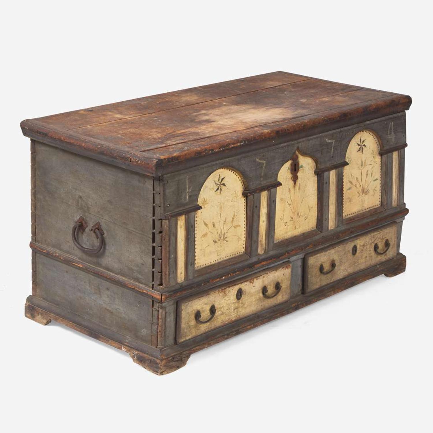A painted and decorated architectural blanket chest Lancaster, Pennsylvania, dated "1774"
