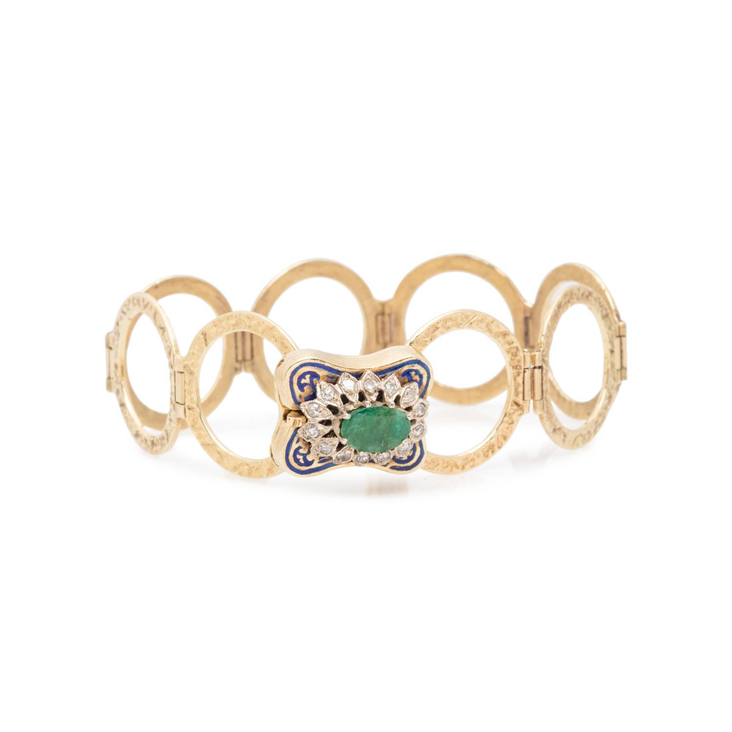 CONVERTIBLE YELLOW GOLD, EMERALD, DIAMOND AND ENAMEL RING/ BRACELET