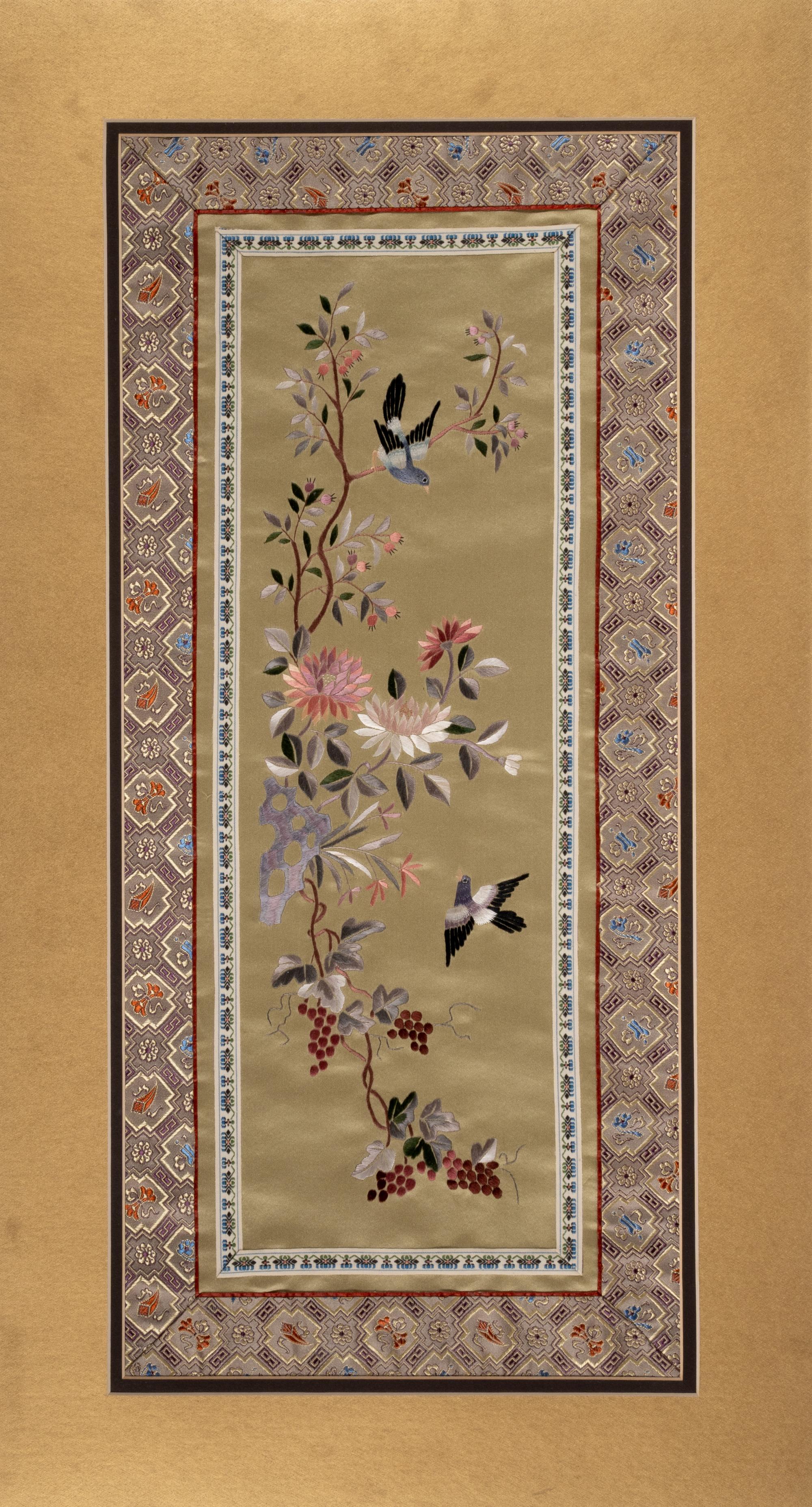 Three Chinese Embroidered Silk Panels