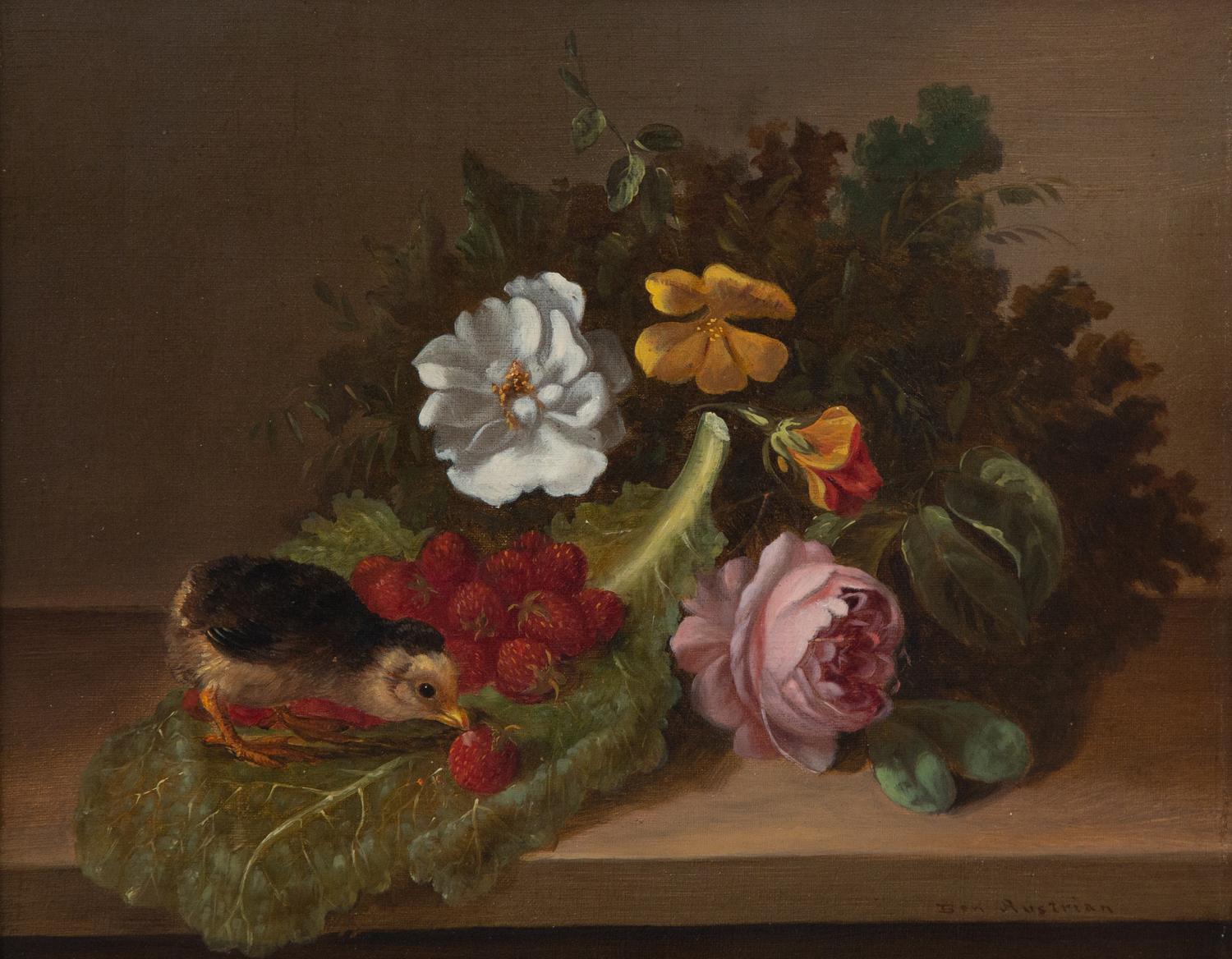 Chick with Berries and Flowers