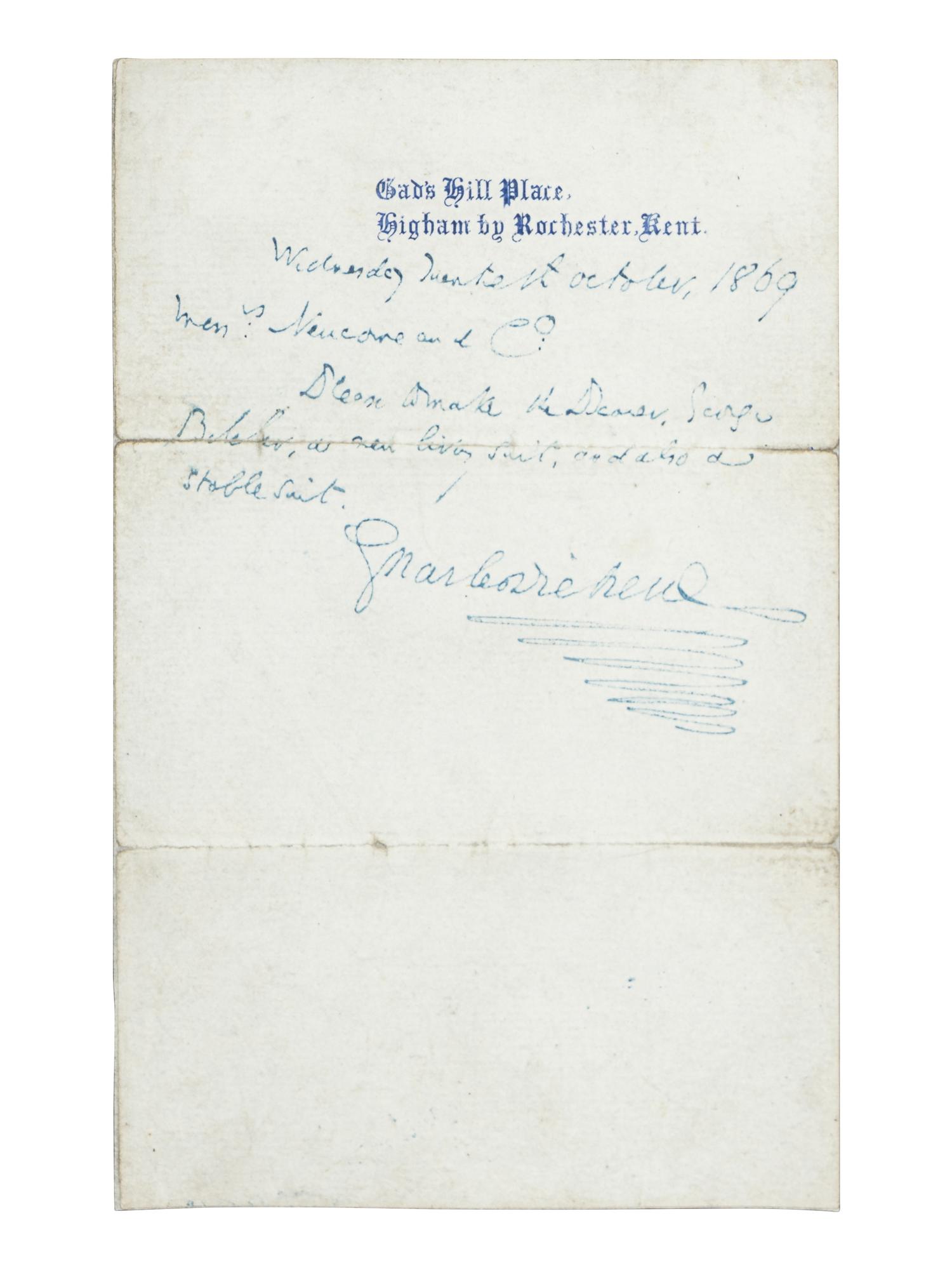 DICKENS, Charles (1812-1870). Autograph note signed (“Charles Dickens”), to Messrs. Newcome & Co., 20 October 1869.