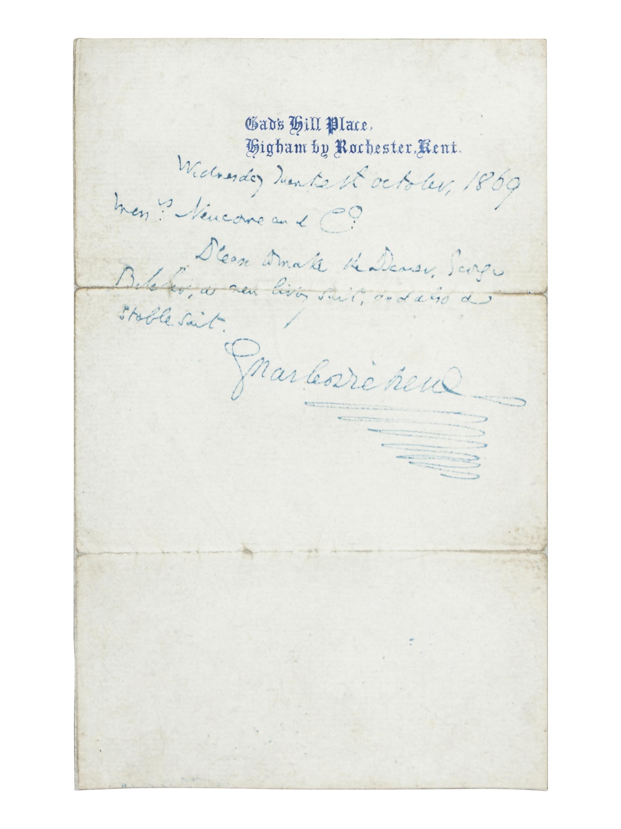 DICKENS, Charles (1812-1870). Autograph note signed (“Charles Dickens”), to Messrs. Newcome & Co., 20 October 1869.