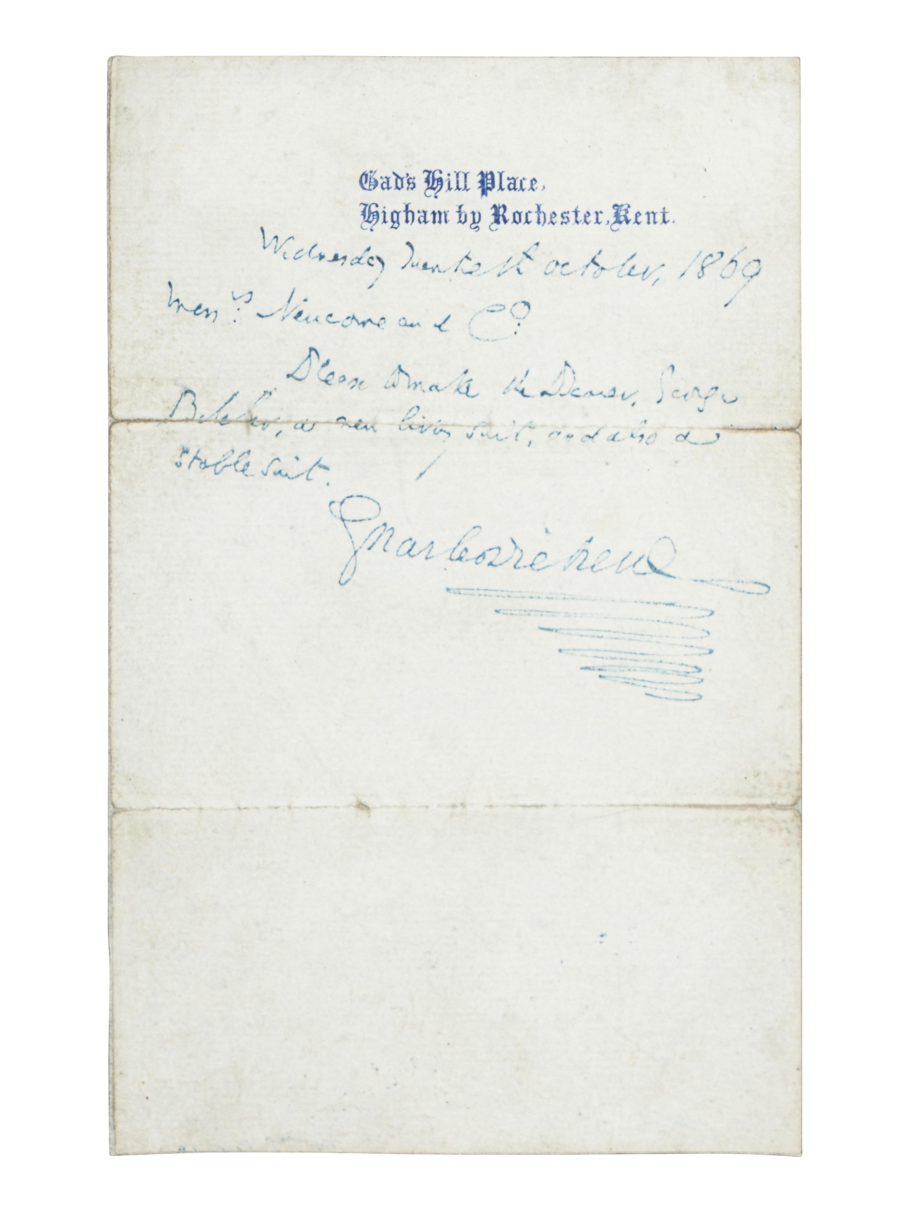 DICKENS, Charles (1812-1870). Autograph note signed (“Charles Dickens”), to Messrs. Newcome & Co., 20 October 1869.