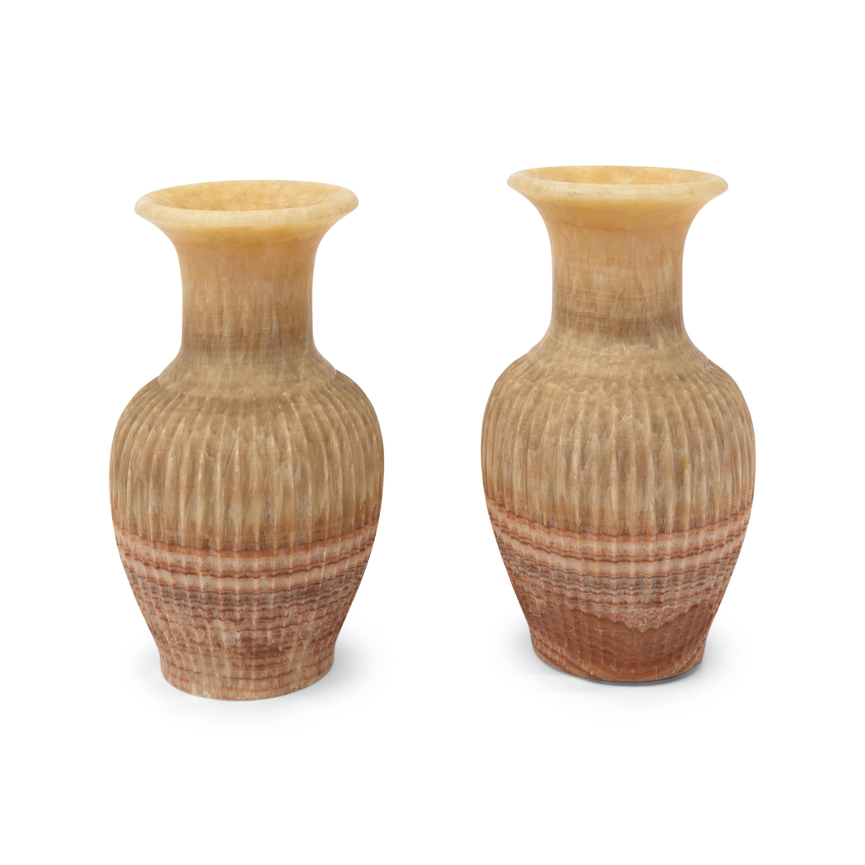 A Pair of Egyptian Banded Alabaster Baluster Vases