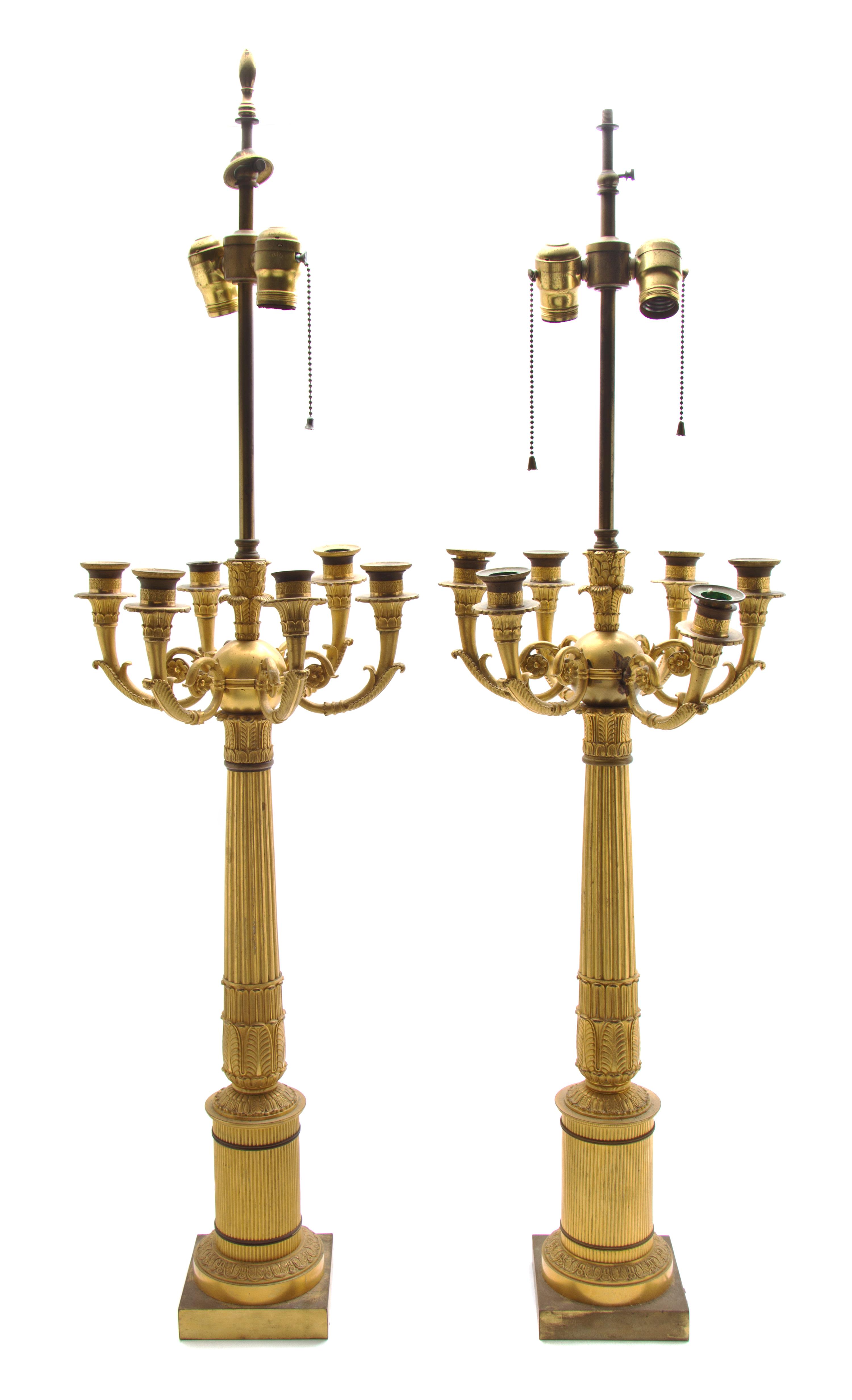 A Pair of Gilt Bronze Six-Light Candelabra, Height overall 41 inches.