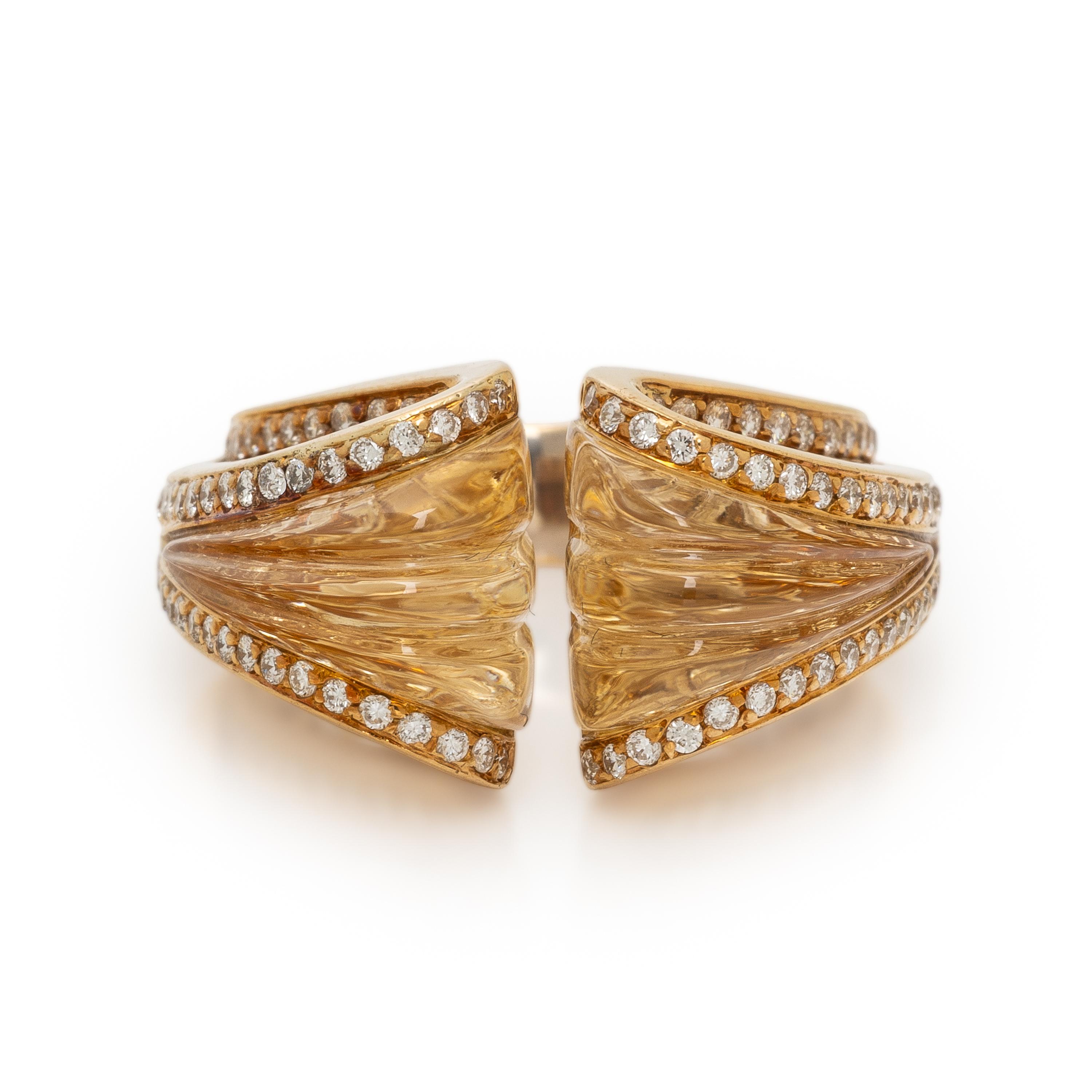 Carved Citrine, Diamond, and Yellow Gold Ring