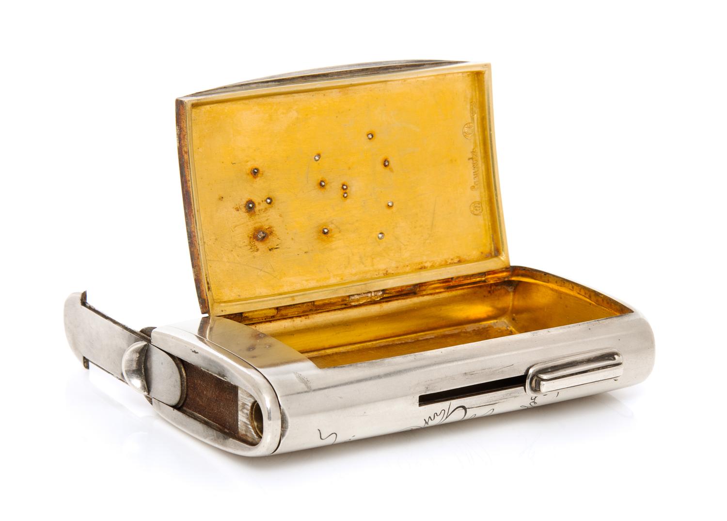 A Russian Silver and Enamel Cigarette Case, Mark of Sazikov with Imperial warrant, St. Petersburg, late 19th century, the lid with an a