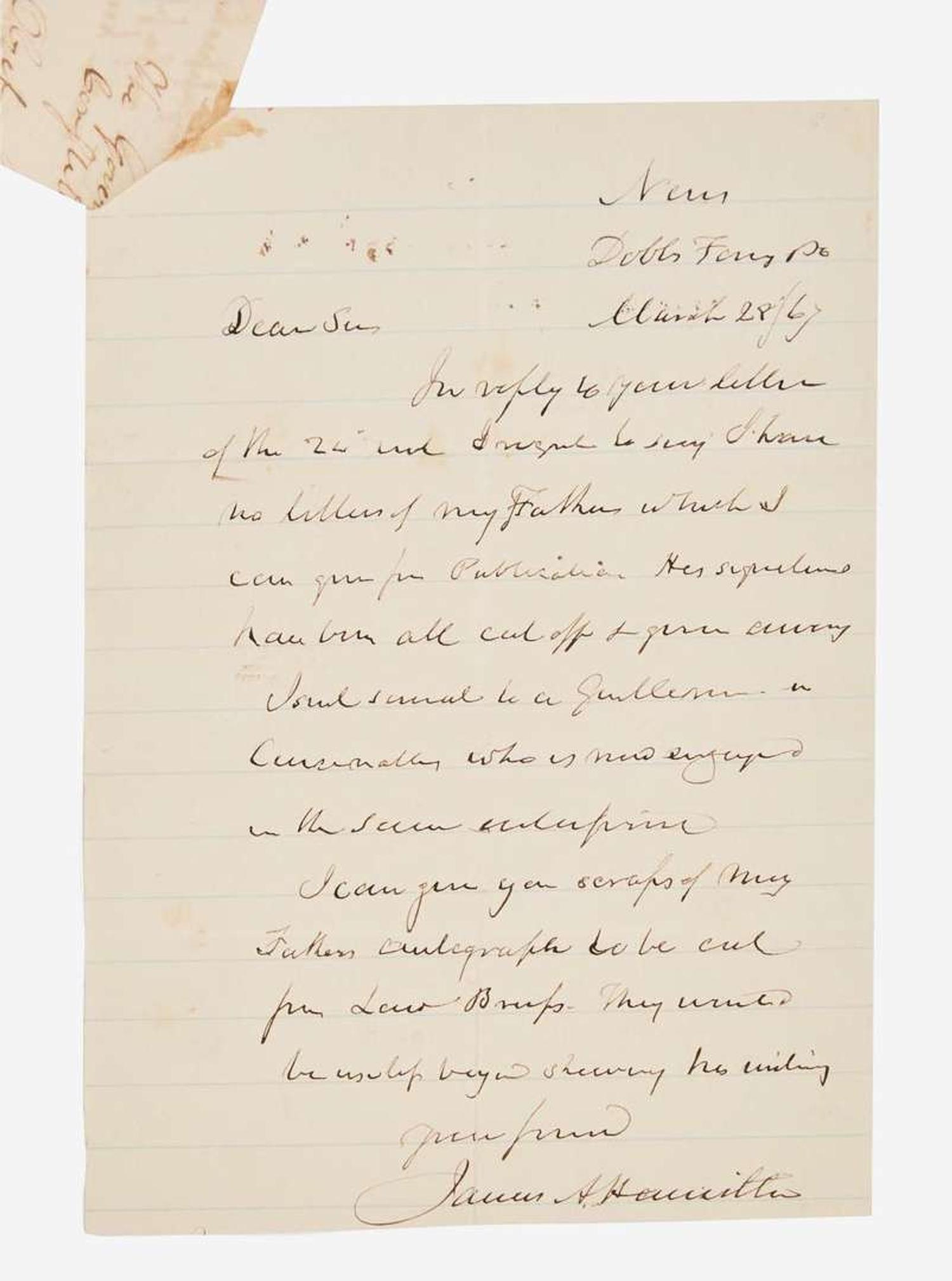 [Americana] Hamilton, Alexander, and James Alexander Hamilton Fragment of Autograph Notes
