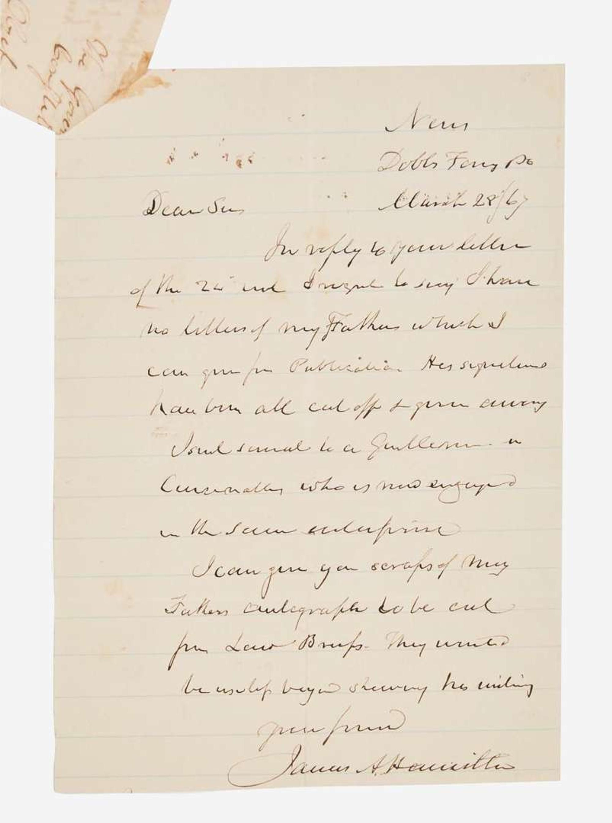 [Americana] Hamilton, Alexander, and James Alexander Hamilton Fragment of Autograph Notes