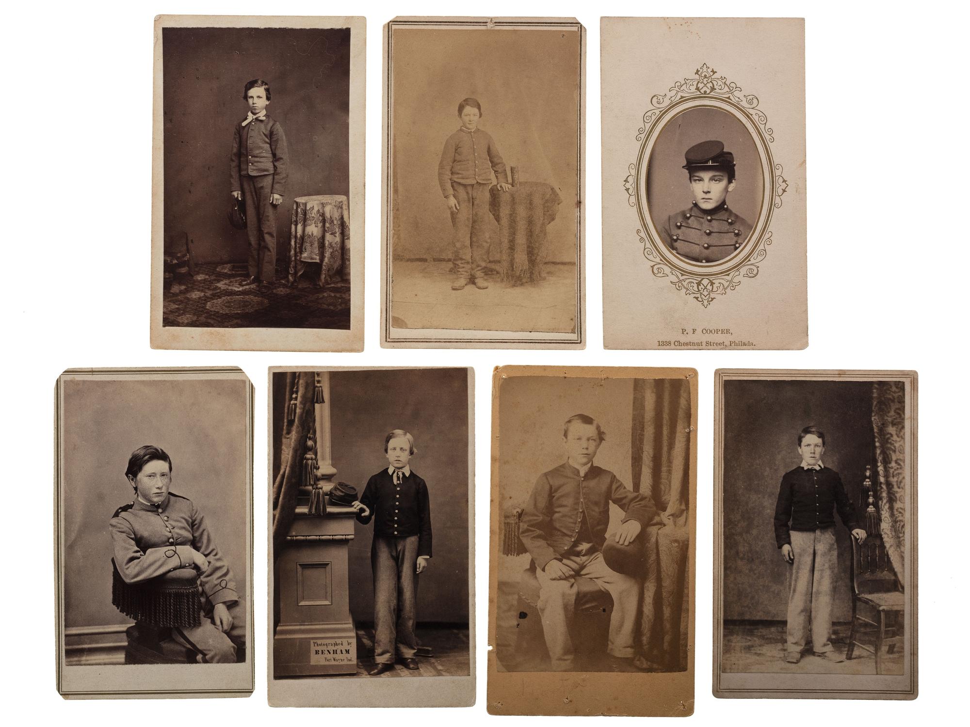 [CIVIL WAR]. A group of 7 CDVs of Civil War-era children in uniform, comprising: