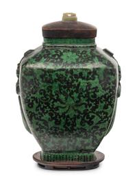 A Chinese Black Ground Green Enameled Porcelain Square Jar
