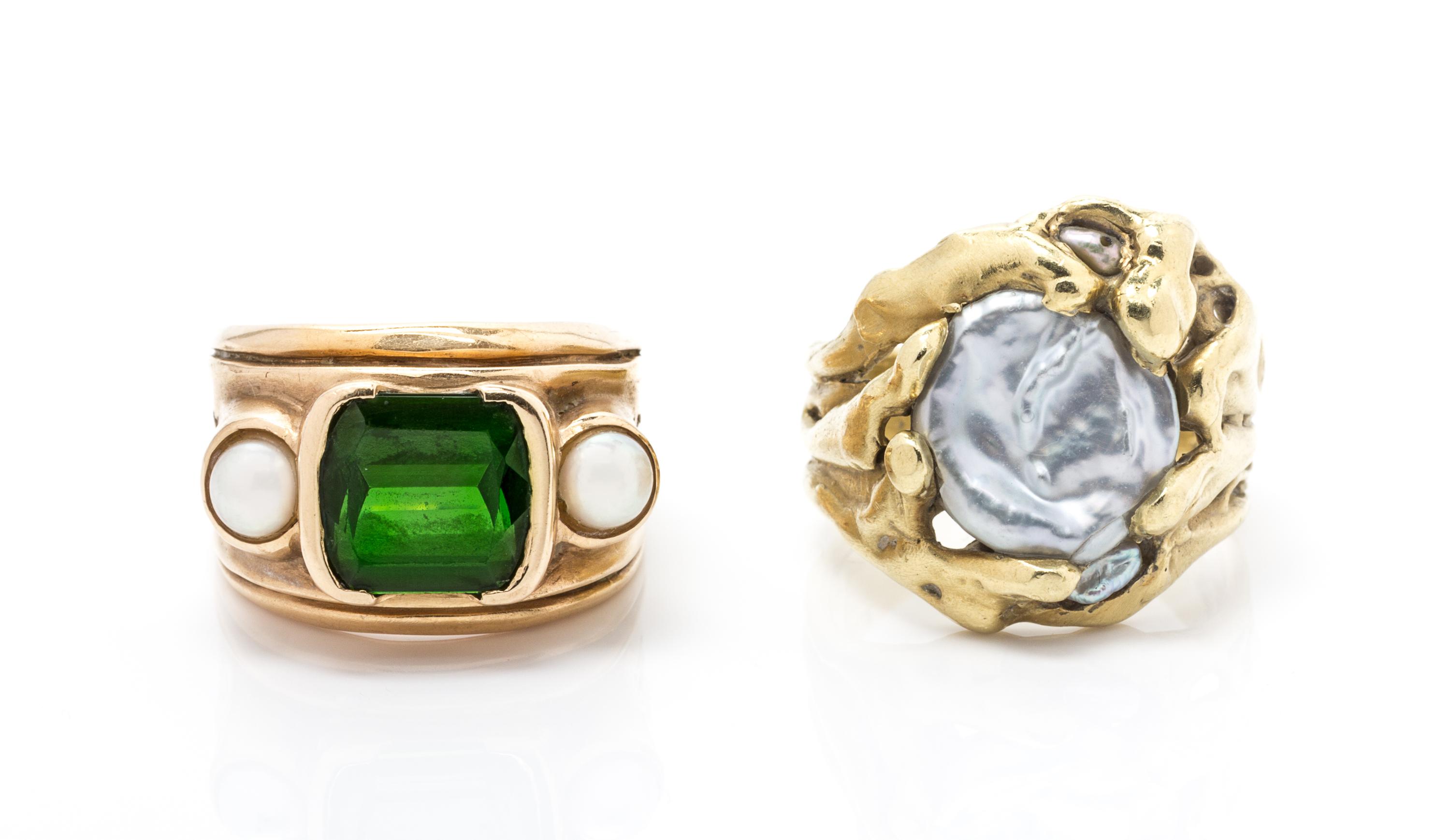 A Collection of Yellow Gold and Cultured Pearl Rings, Eve Alfille, 15.30 dwts.