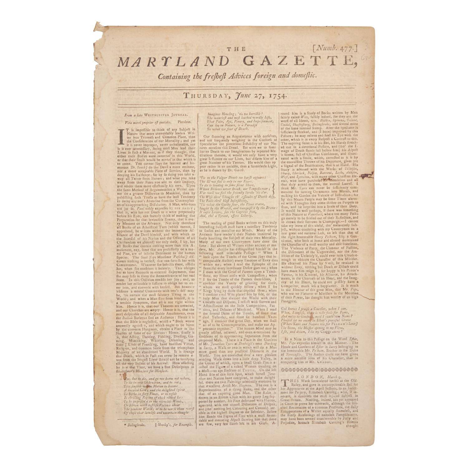 [Washington, George] Early report of a 22-year-old George Washington, printed following the skirmish at Jumonville Glen, Pennsylvania, that Ignited the French and Indian War