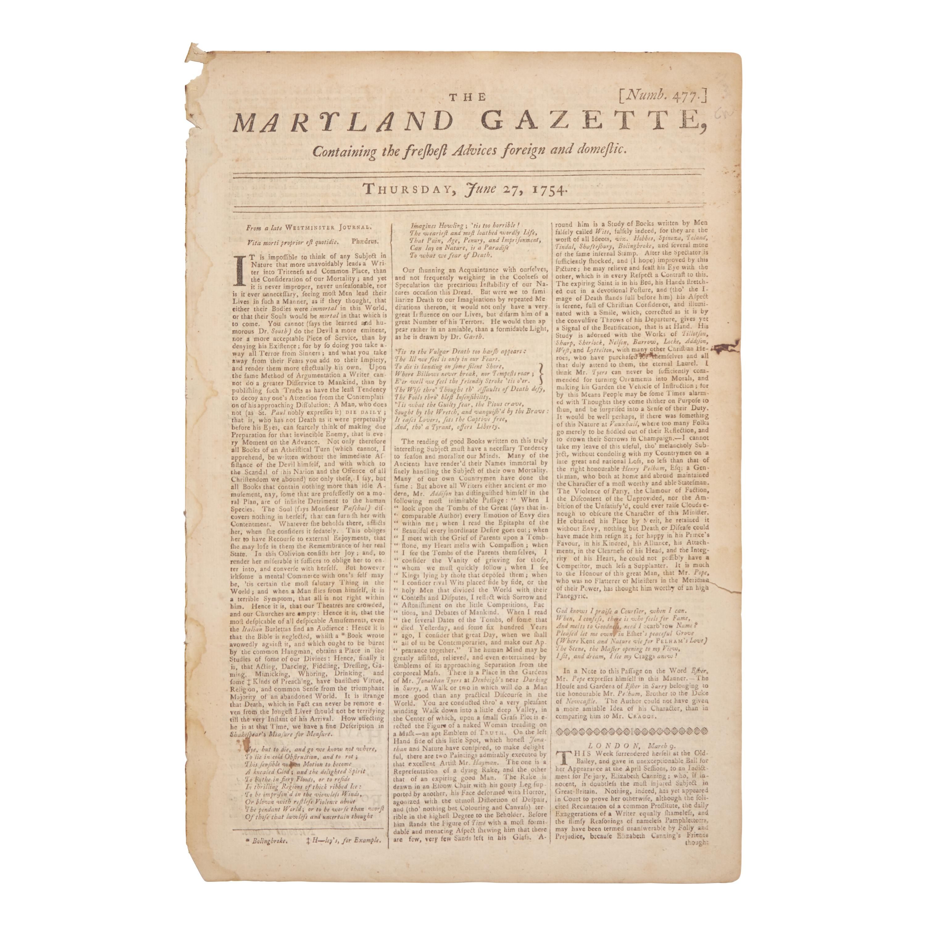 [Washington, George] Early report of a 22-year-old George Washington, printed following the skirmish at Jumonville Glen, Pennsylvania, that Ignited the French and Indian War
