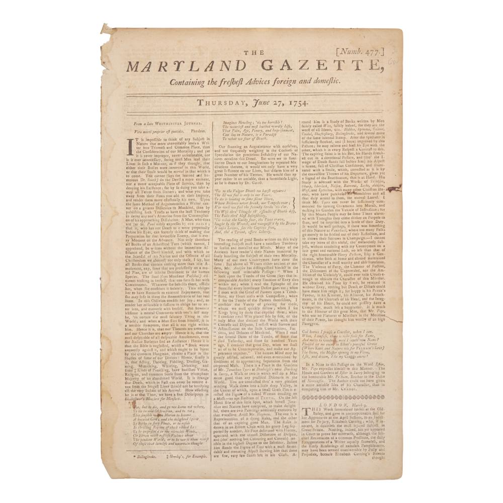 [Washington, George] Early report of a 22-year-old George Washington, printed following the skirmish at Jumonville Glen, Pennsylvania, that Ignited the French and Indian War