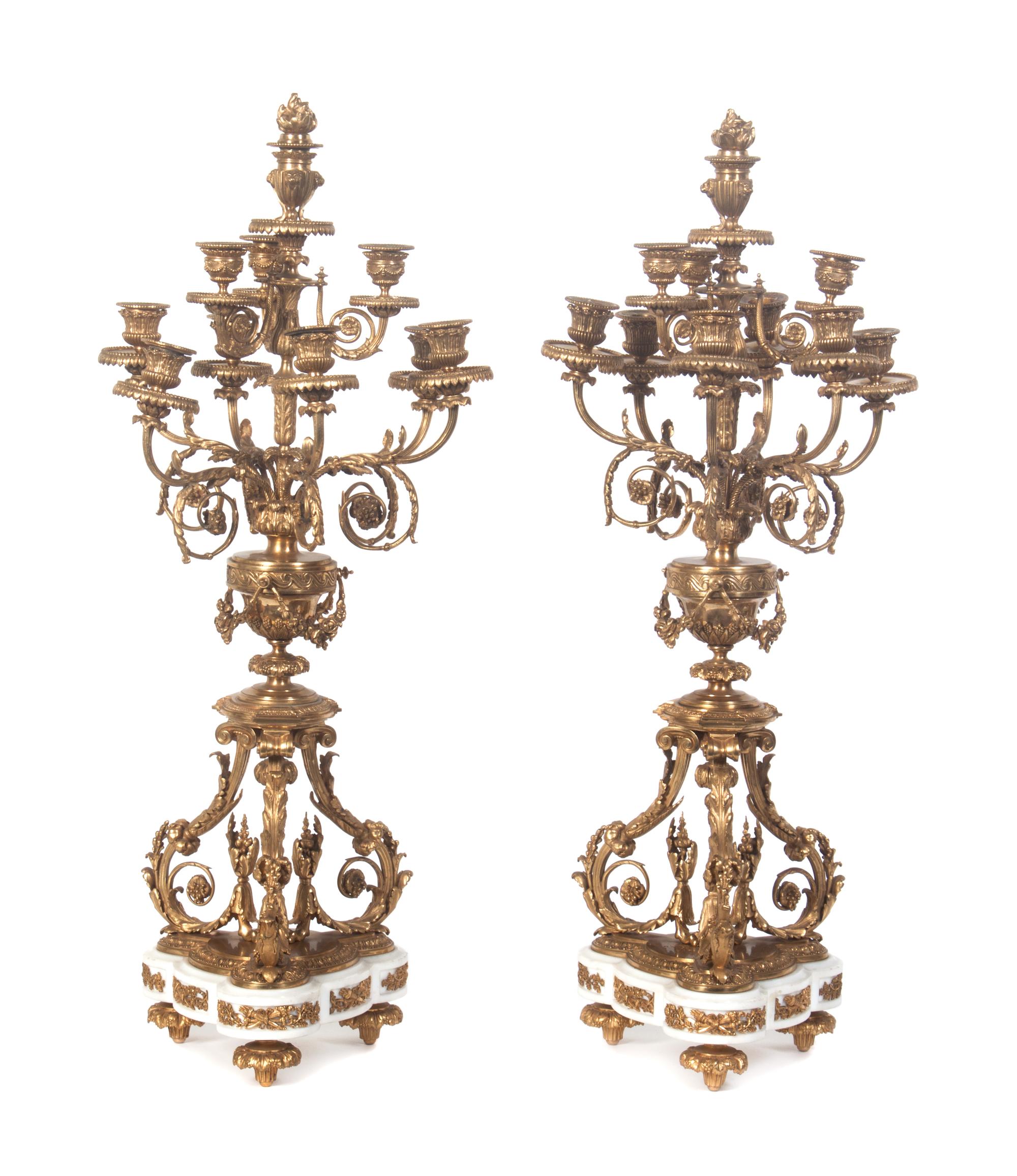 A Pair of Gilt Bronze and Marble Ten-Light Candelabra Height 31 1/2 inches. — 19TH/20TH CENTURY