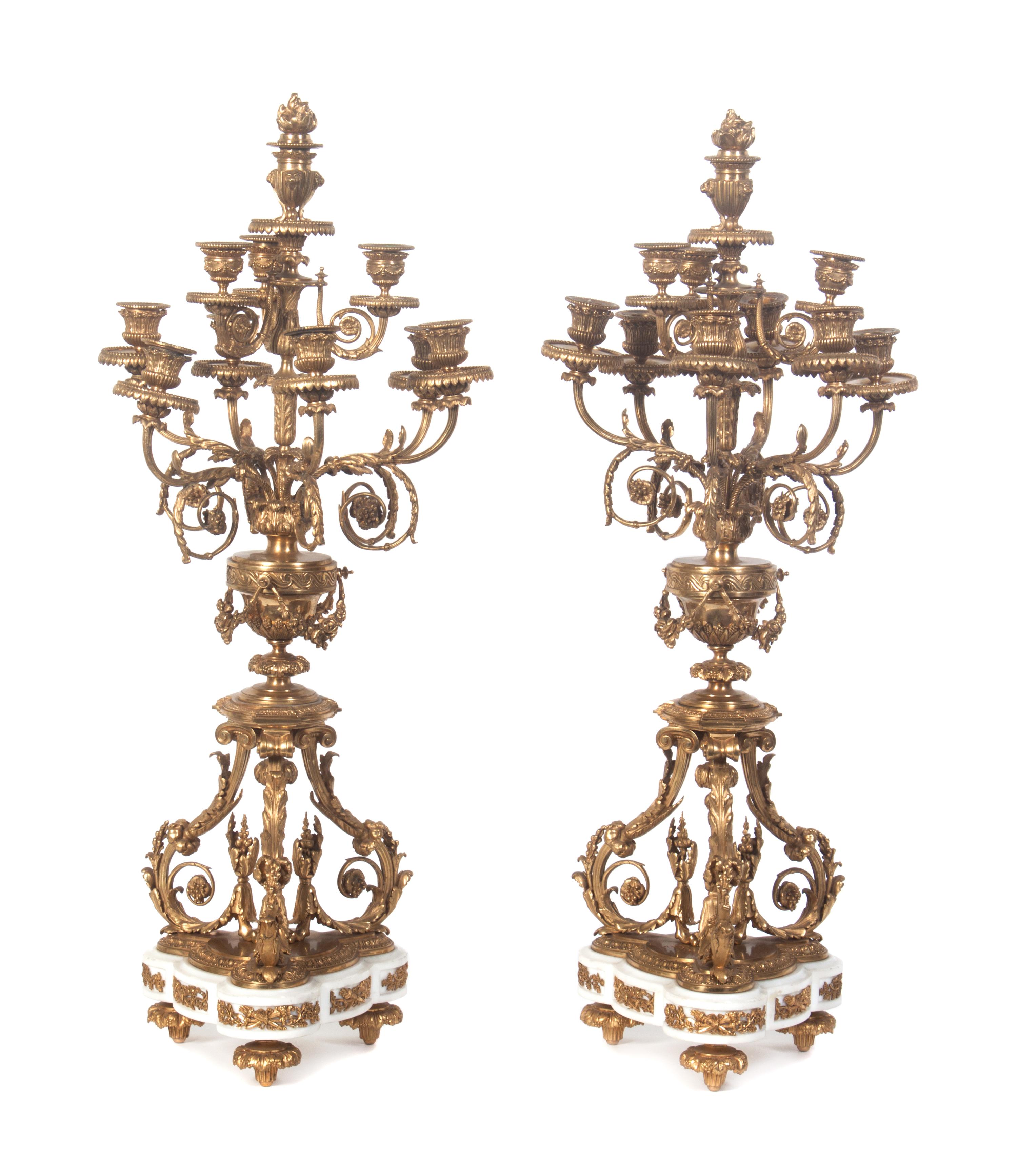 A Pair of Gilt Bronze and Marble Ten-Light Candelabra Height 31 1/2 inches. — 19TH/20TH CENTURY