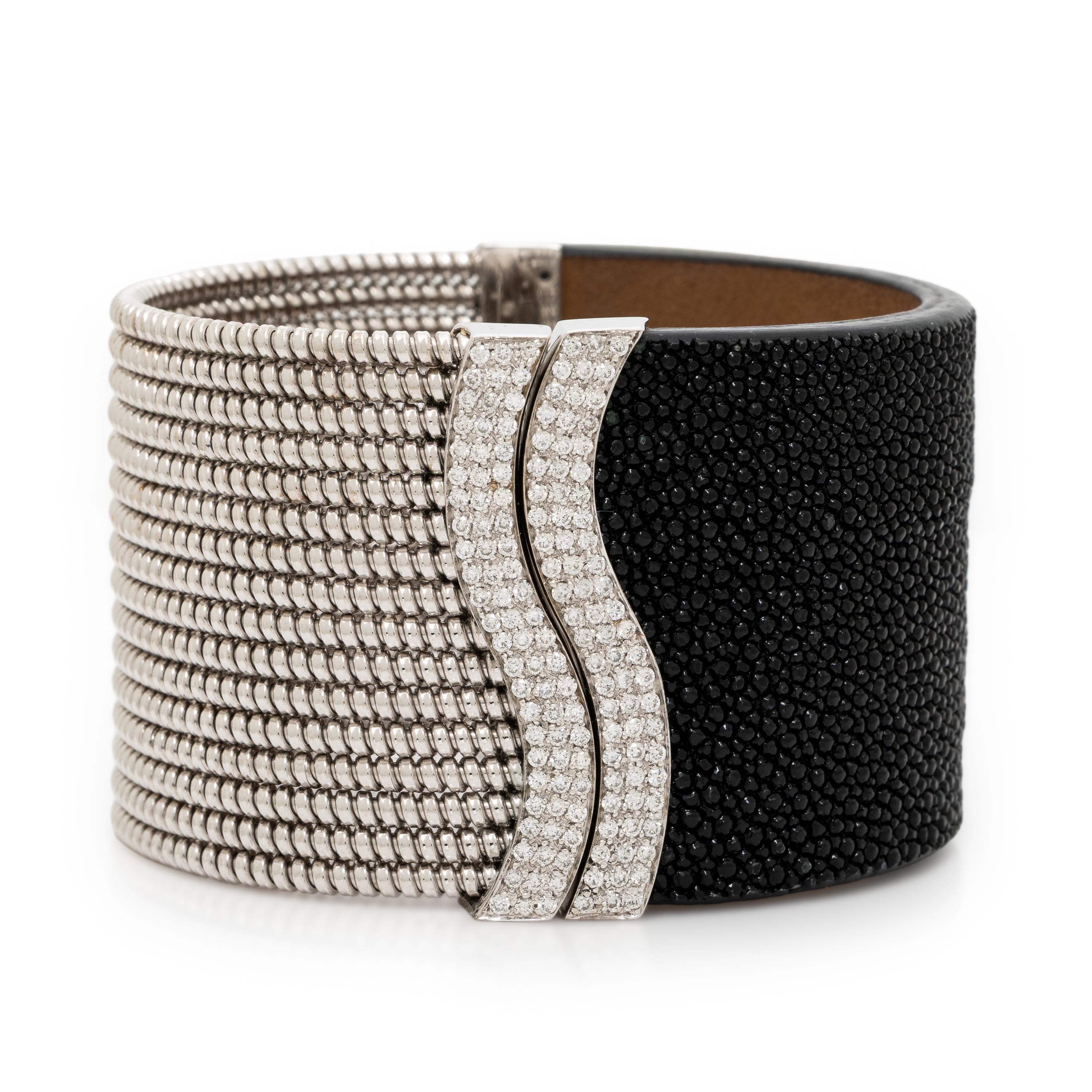 Stingray Leather, Diamond, and White Gold Cuff Bracelet