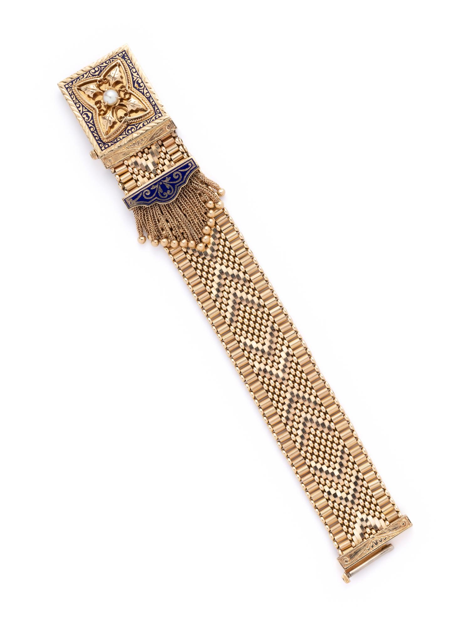 CONVERTIBLE 14K YELLOW GOLD, ENAMEL, DIAMOND AND PEARL SURPRISE WRISTWATCH/BRACELET