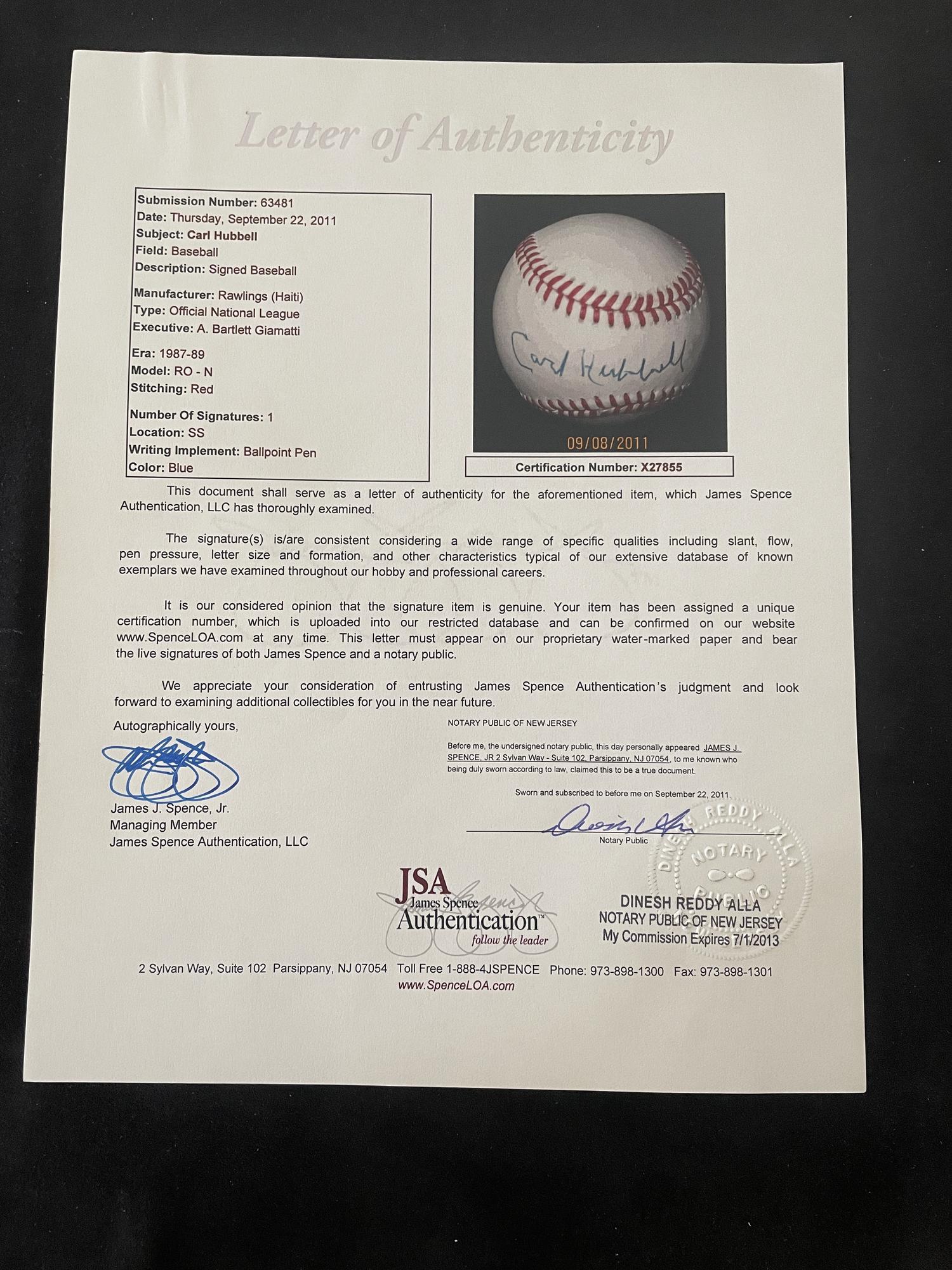 A Carl Hubbell Single Signed Autograph Baseball (JSA Letter)