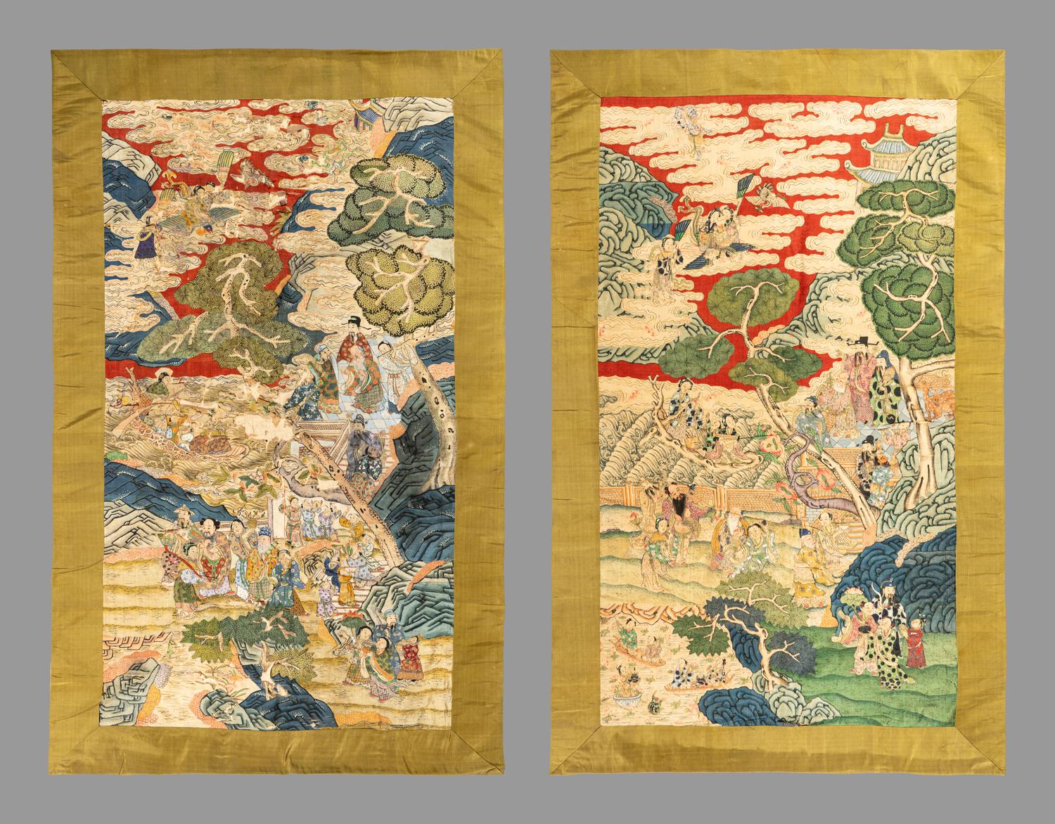 Two Large Chinese Kesi Woven Silk 'Immortal' Panels