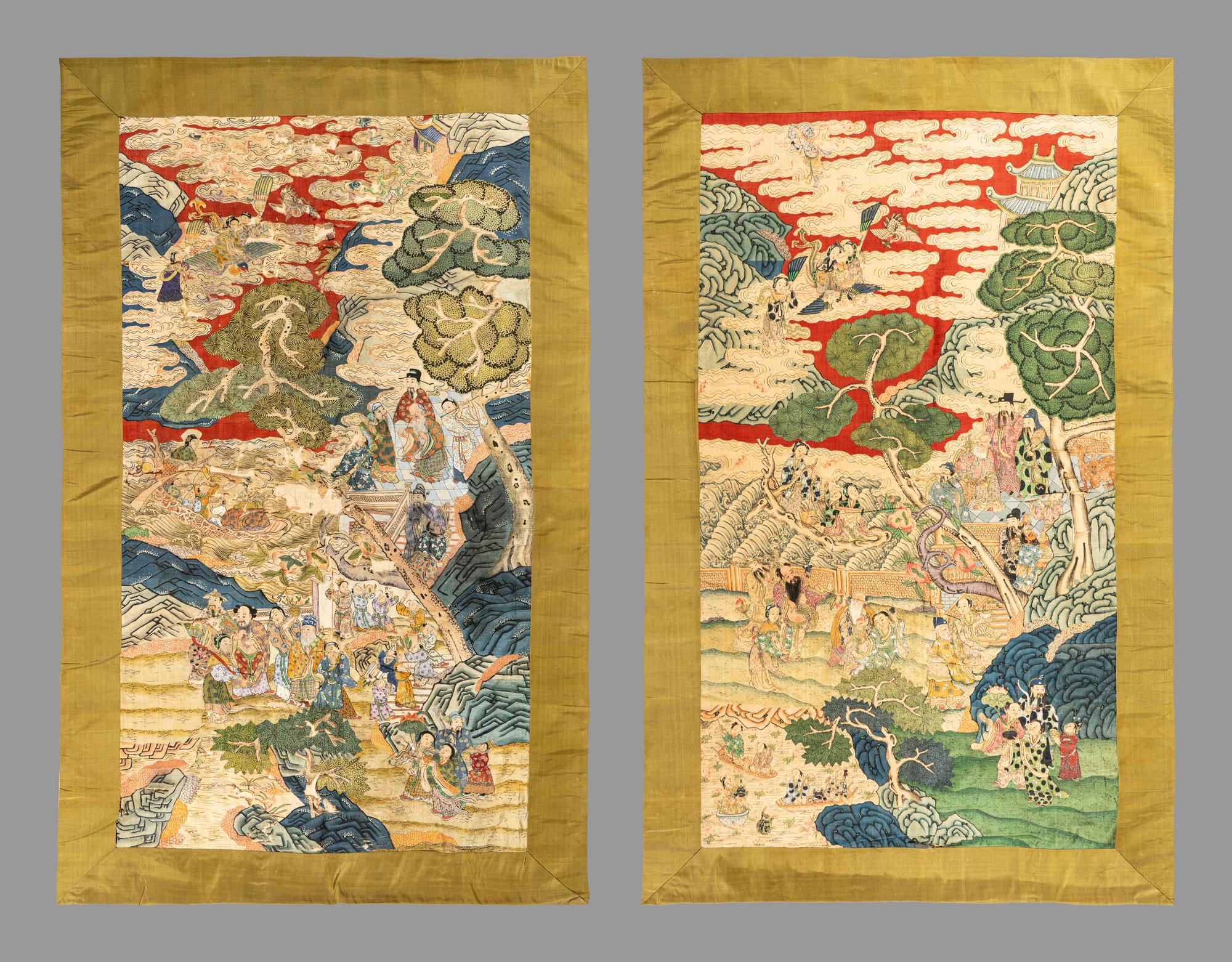 Two Large Chinese Kesi Woven Silk 'Immortal' Panels