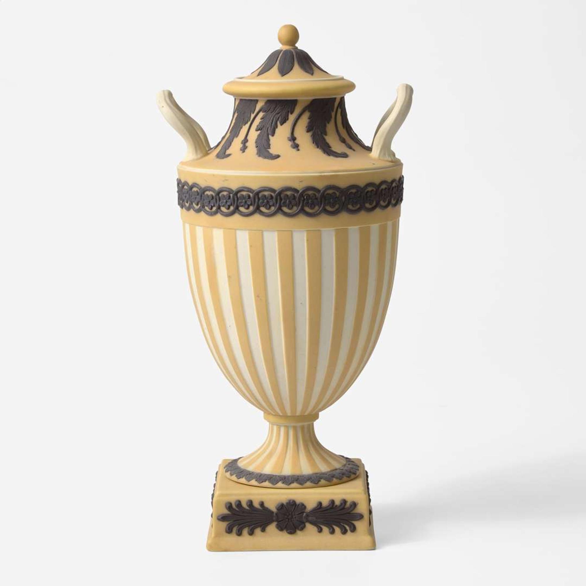 A Wedgwood Buff Yellow Dip and Solid Black Jasperware Vase and Cover UK, circa 1880