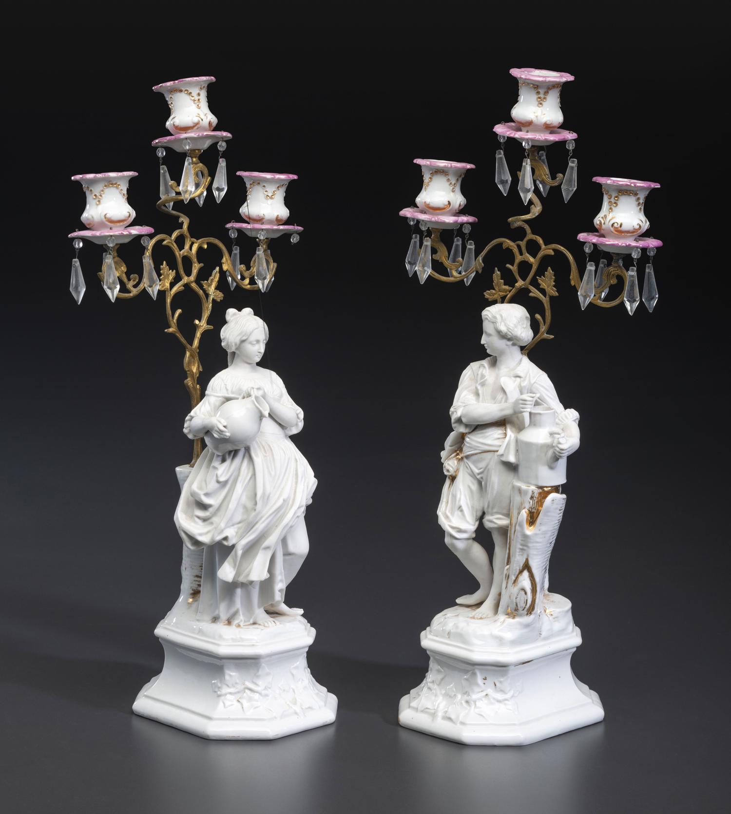 A Pair of French Parian and Enameled Metal Three-Light Figural Candelabra