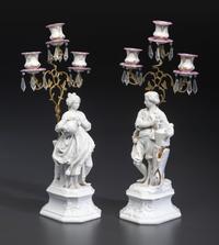 A Pair of French Parian and Enameled Metal Three-Light Figural Candelabra