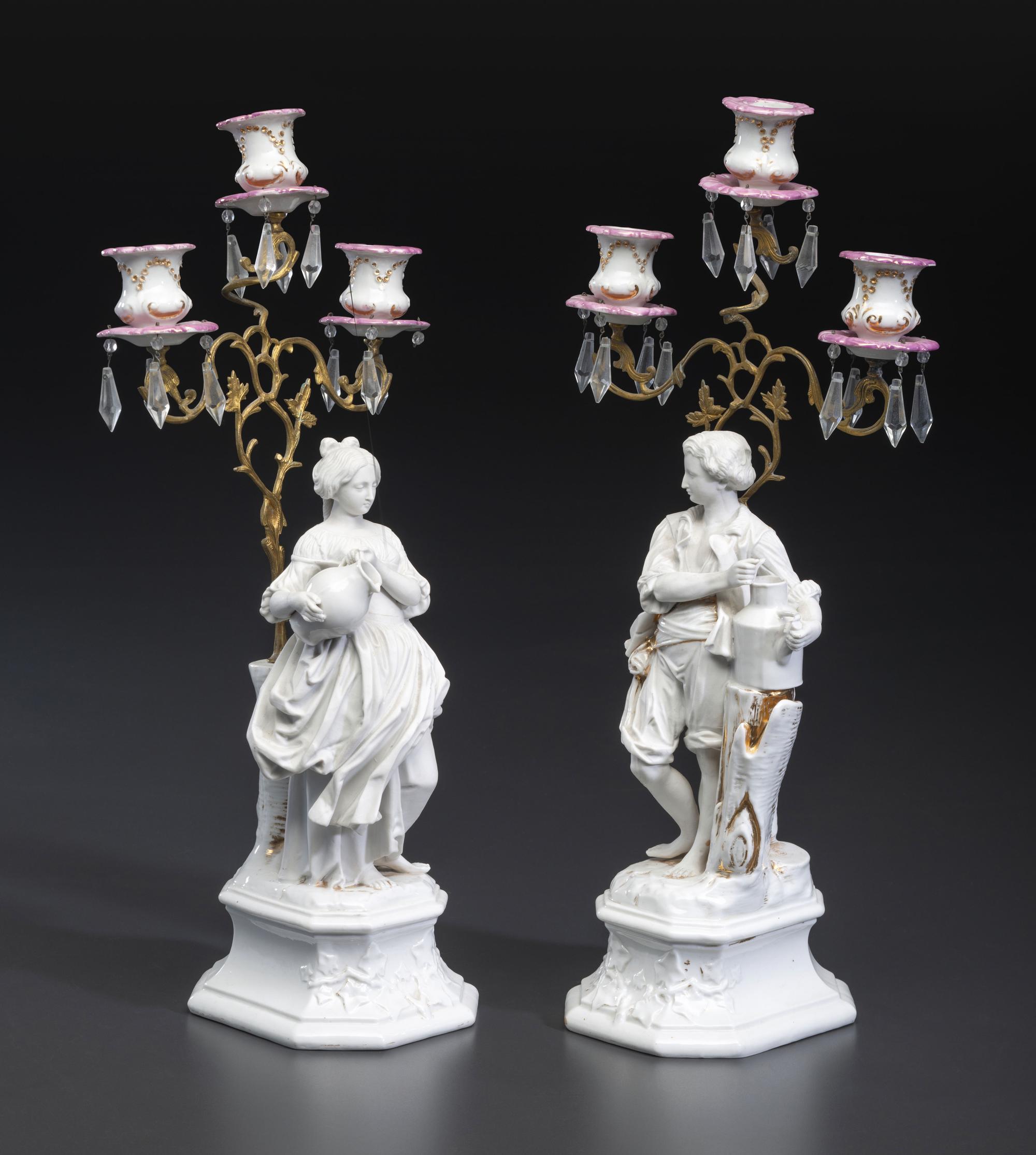 A Pair of French Parian and Enameled Metal Three-Light Figural Candelabra