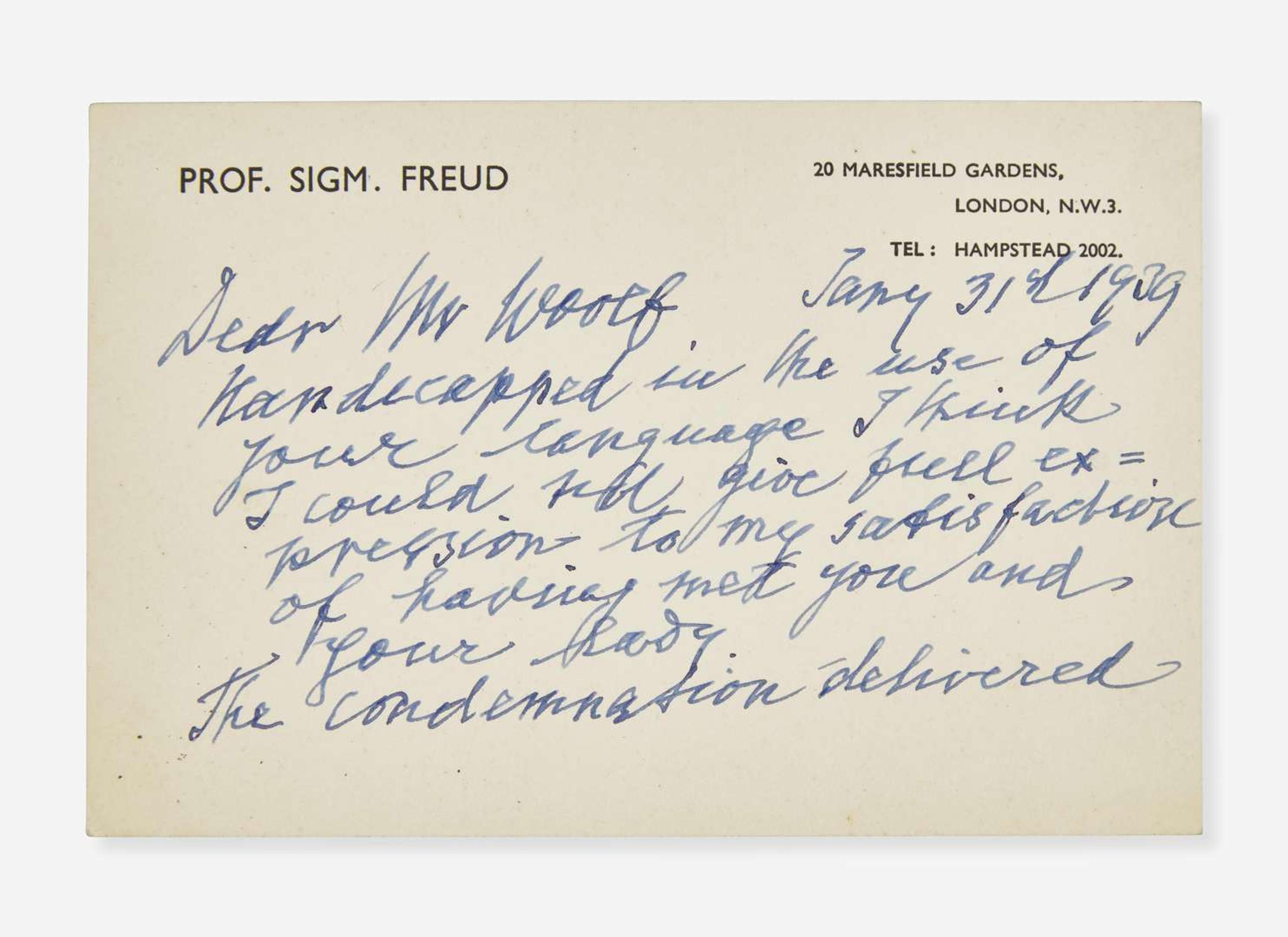 [Psychology] Freud, Sigmund: Autograph Letter, signed
