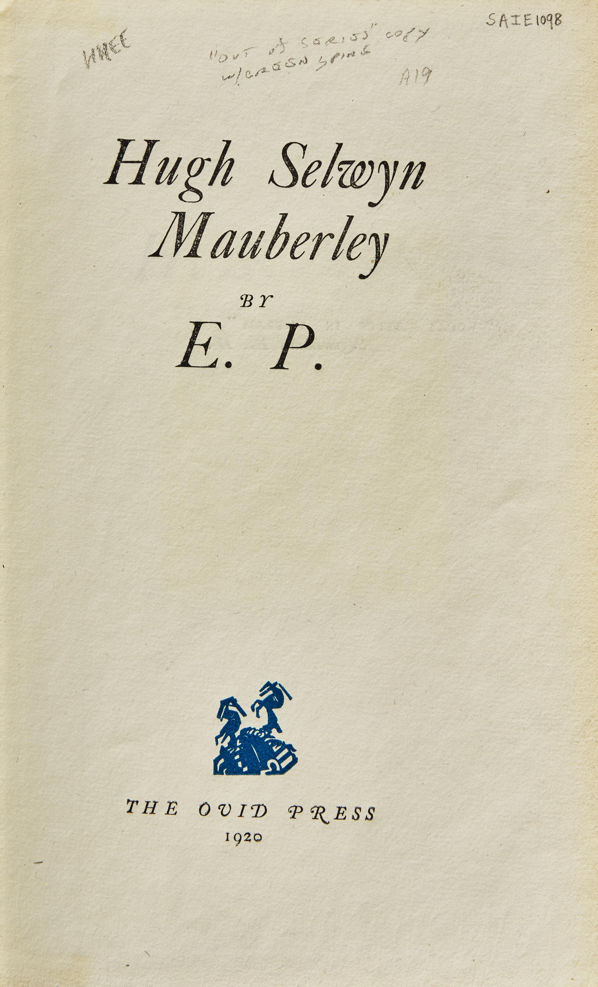 [Literature] P(ound)., E(zra). Hugh Selwyn Mauberley