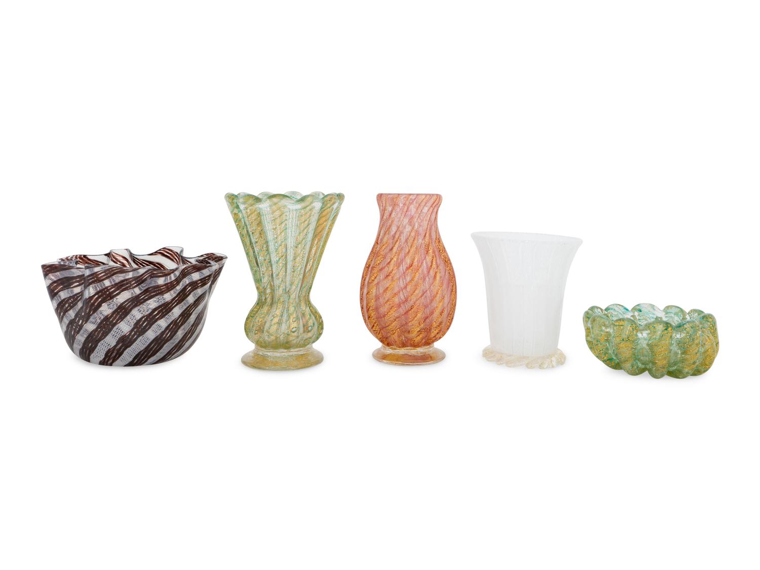 A Collection of Five Murano Glass Articles Including Two Fratelli Toso Ribbon Vases