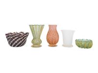 A Collection of Five Murano Glass Articles Including Two Fratelli Toso Ribbon Vases
