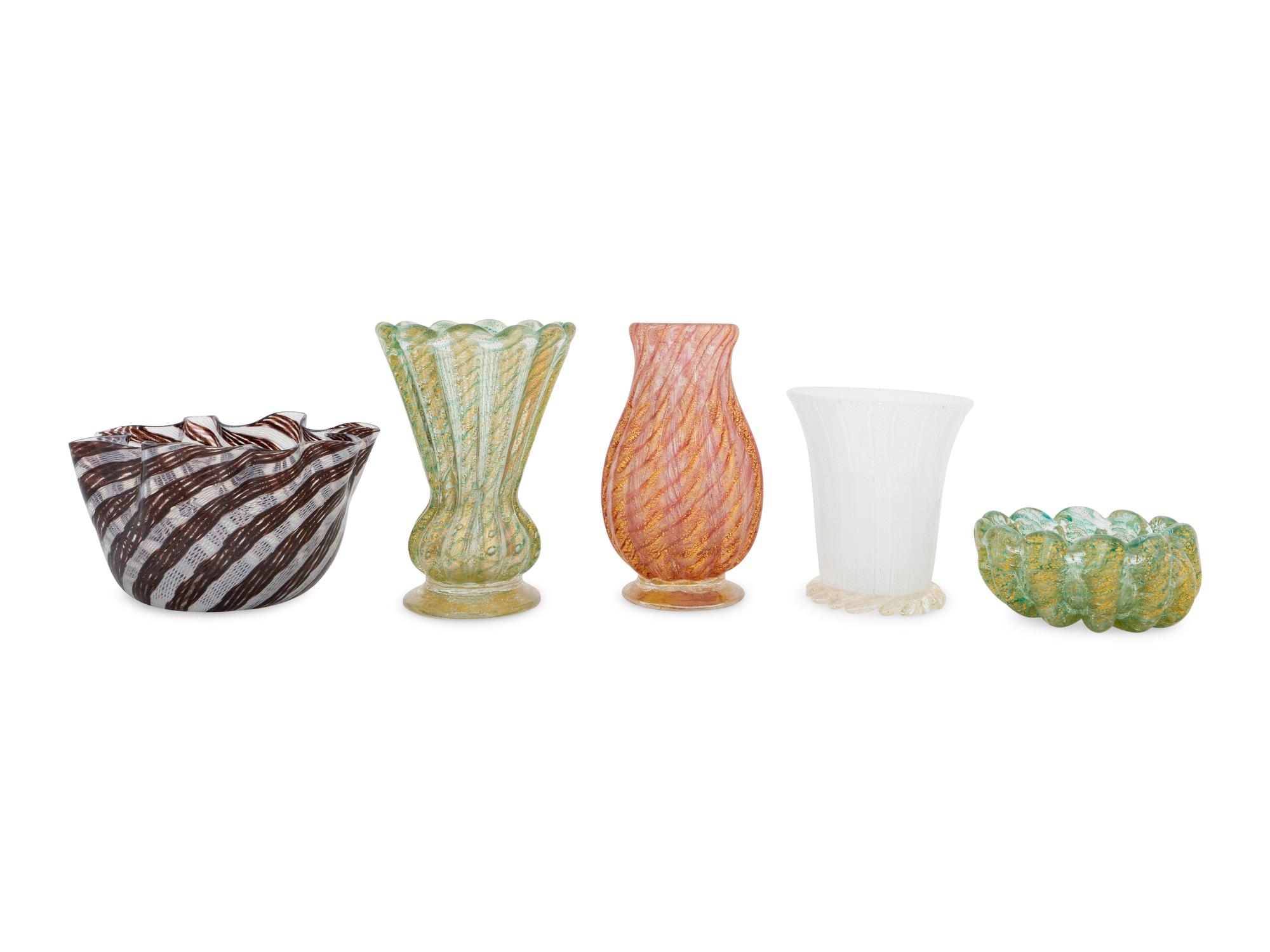 A Collection of Five Murano Glass Articles Including Two Fratelli Toso Ribbon Vases